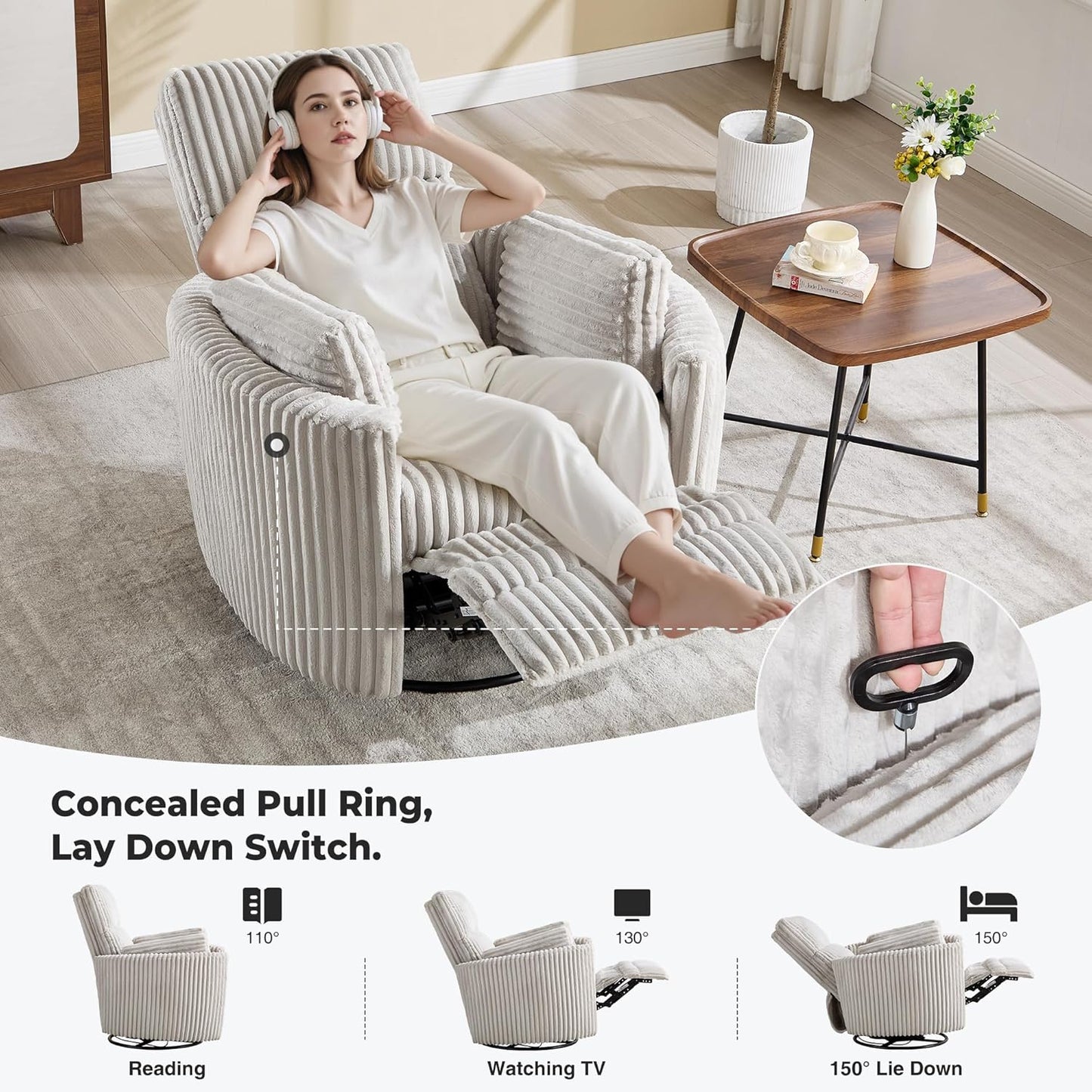 Recliner 360°Swivel Glider Rocking Manual Multifunction with Upholstered Nursery Adult Recliner Rocking Chair with 2 Pillows for Living Room Bedroom(LIGHTGREY Corduroy, Manual Operation)