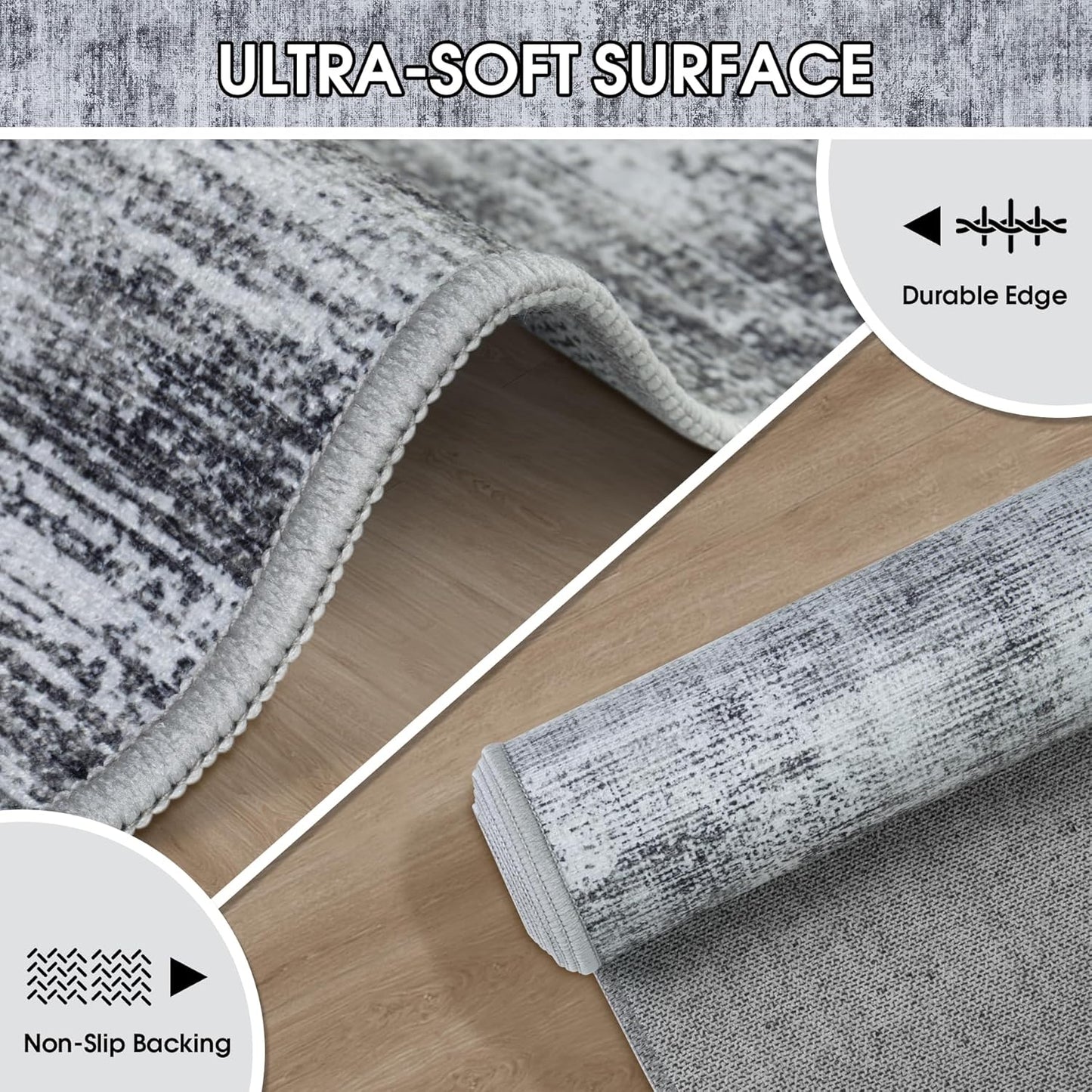 Runner Rug 2'6''x8' Washable: Modern Abstract Kitchen Rug With Non-Slip Backing, Thin Long Carpet for Hallway, Bedroom, Laundry Room-Black