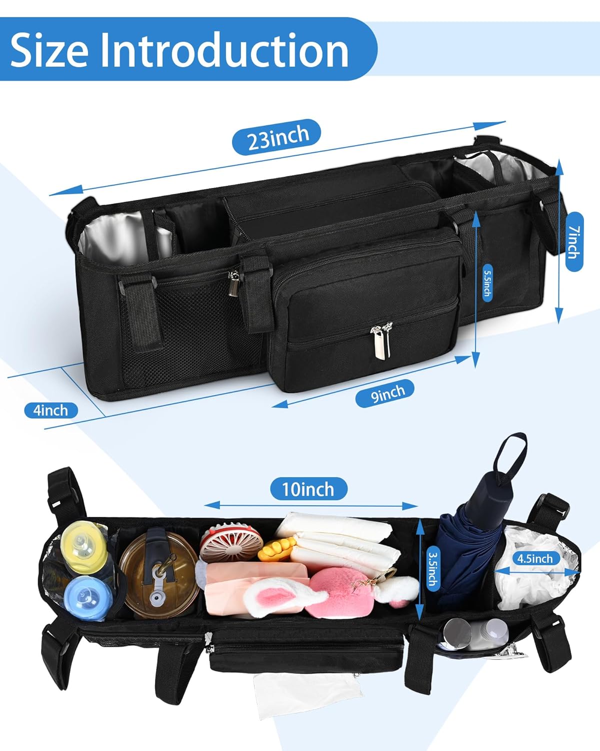 Double Stroller Organizer Compabitle for BOB Duallie and Baby Jogger City Mini GT2 with Cooler Bags, Compabitle for Baby Jogger Parent Console Double Stroller Organizer