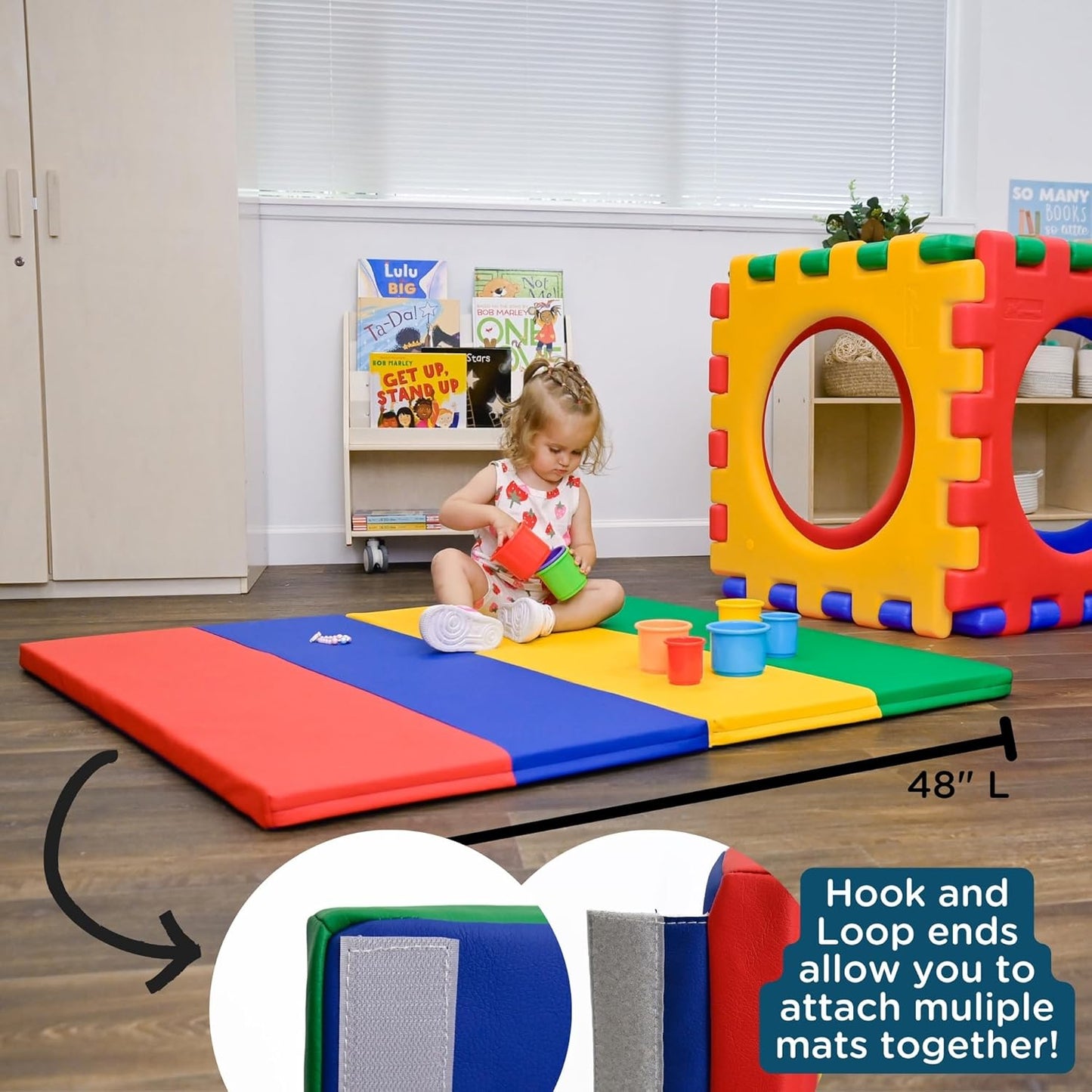 Children's Factory Rainbow Folding Gym Activity Mat, 4 ft x 4 ft, Cushioned Floor Mat for Kids, Daycare Mat