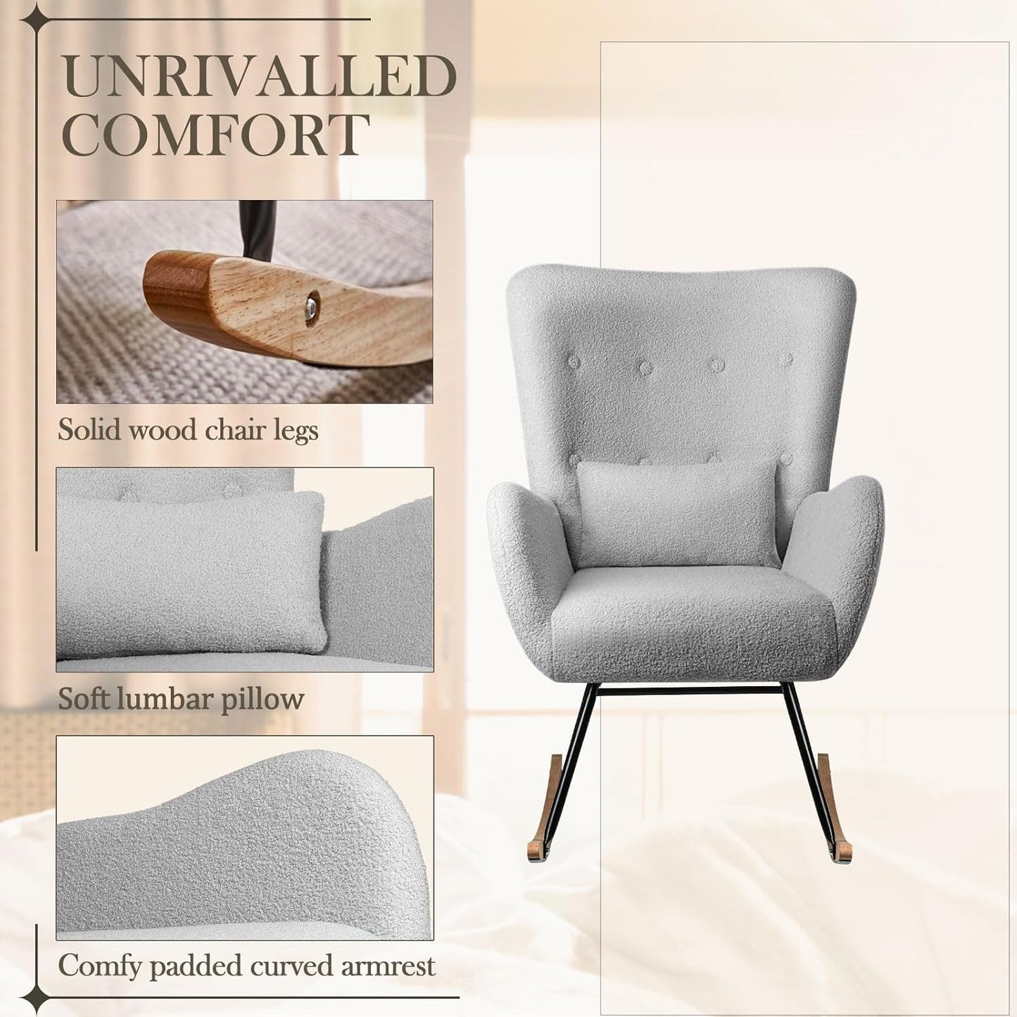 Waleaf Rocking Chair Nursery, Teddy Upholstered Rocking Chair Indoor with High Backrest Glider Accent Chair, Padded Seat Nursing Comfy Chair for Bedroom (Light Gray)