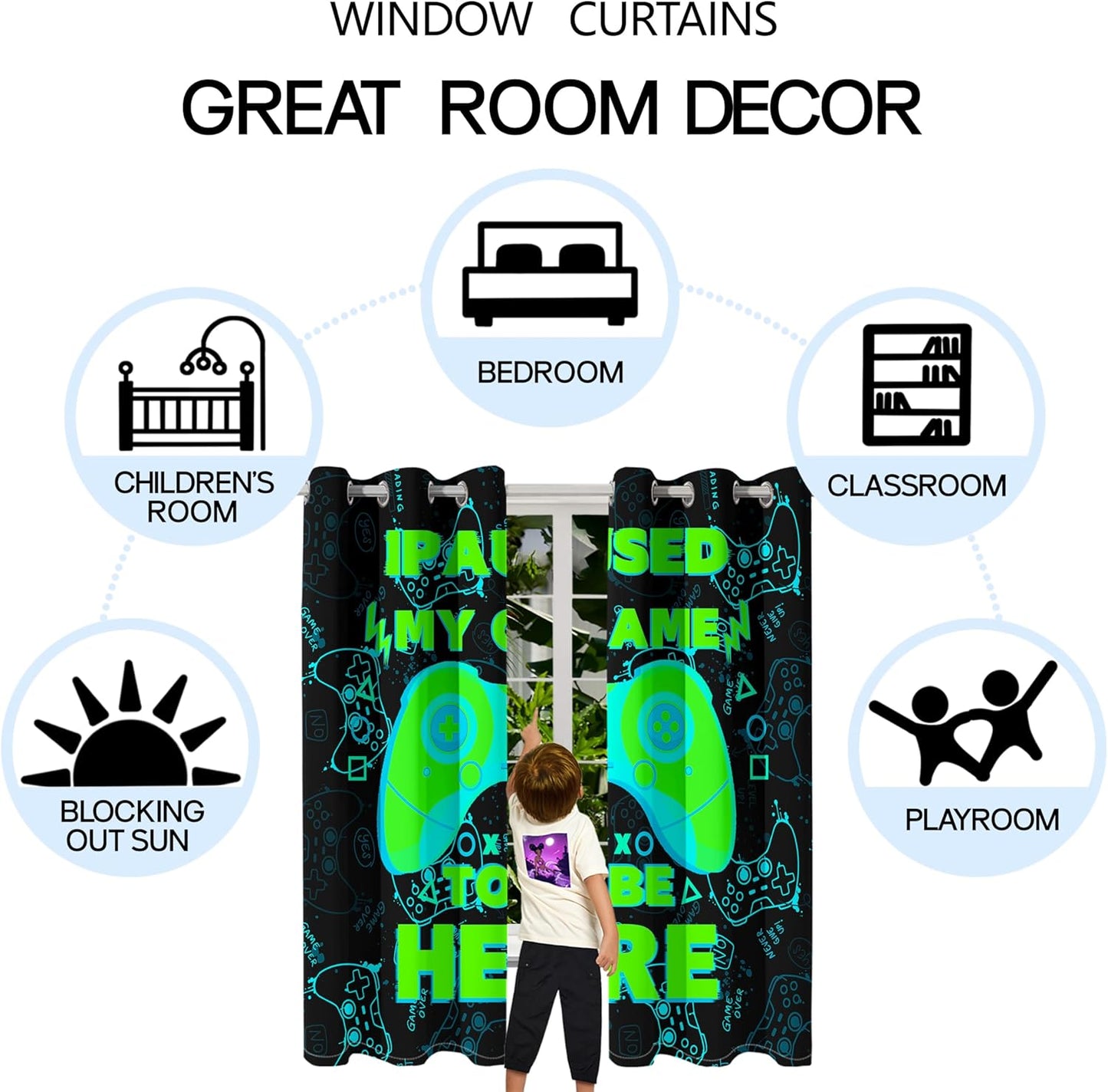 Gaming Gamepad Blackout Curtains - 2Pcs Game Windows Curtain Panels for Teens Boys Bedroom Green Gaming Console Curtains for Boys Kids Room Decor Grommet Top Thermal Insulated, 82 in x 84 in