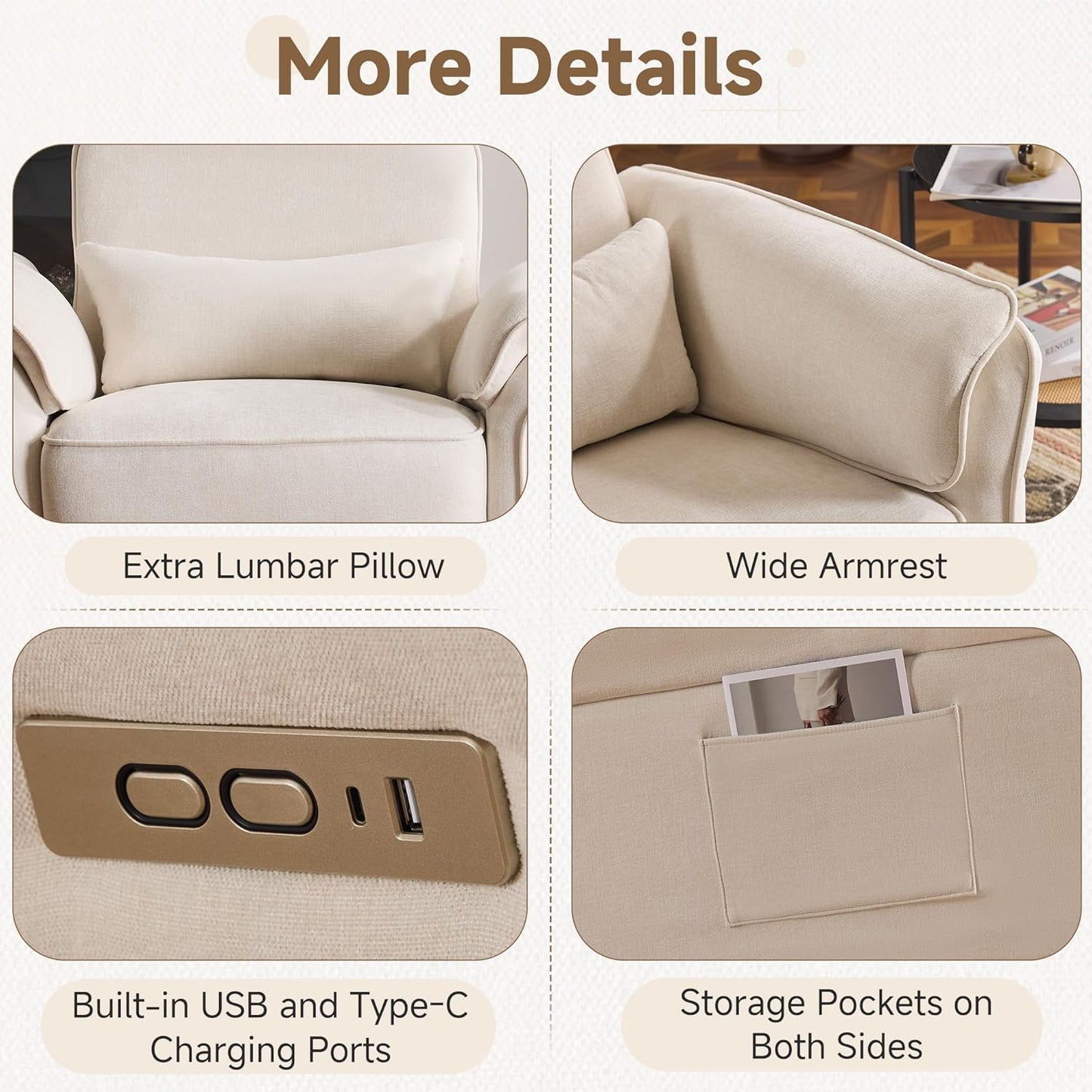 MELLCOM Power Recliner Rocking Chair Nursery Gliders with Adjustable Armrests and Headrest, Swivel Electric Glider Reclining Nursing Chair with USB Port and Storage Bags, FSC Certified