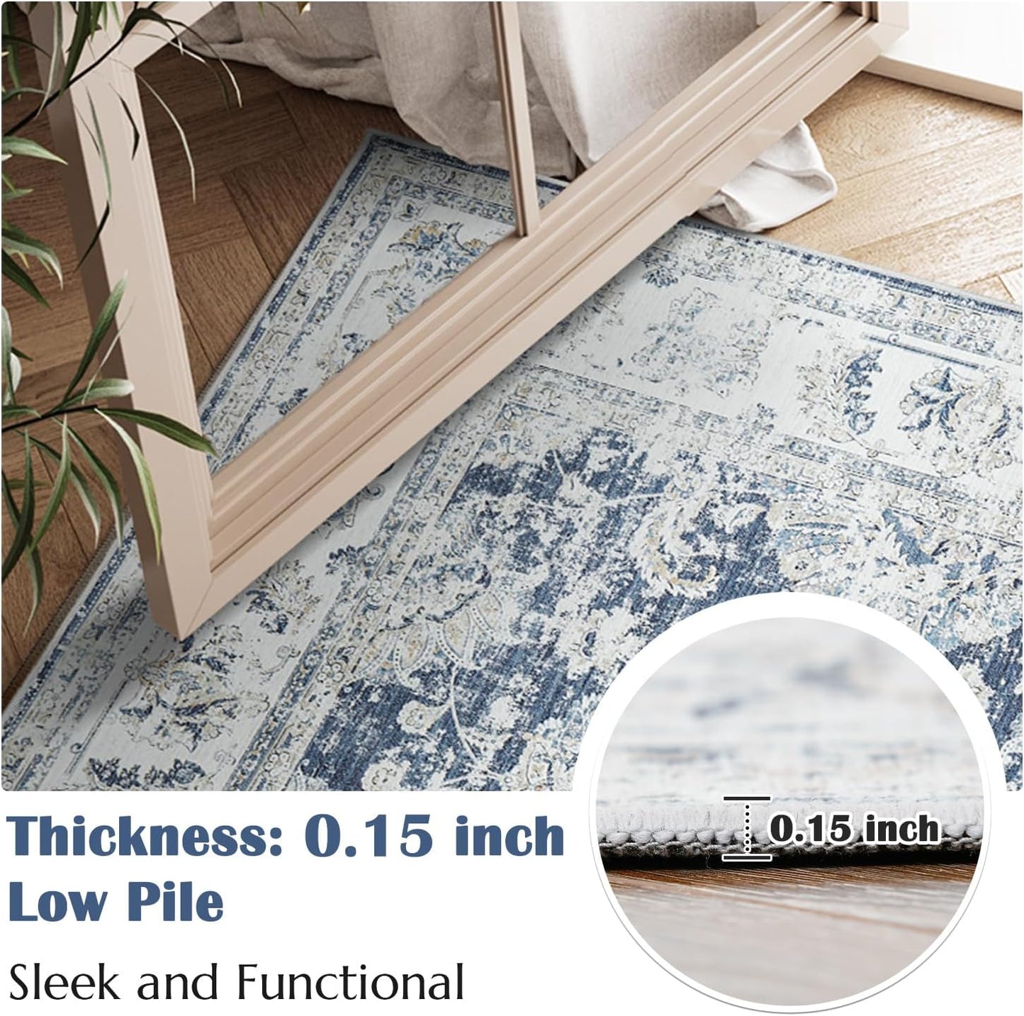 jinchan 10x12 Area Rugs for Living Room - Machine Washable Vintage Floral Distressed Design Stain Resistant Carpet Low Pile Non-Slip Large Rug for Bedroom Dining Room Home Office (10‘x12',Dark Blue)