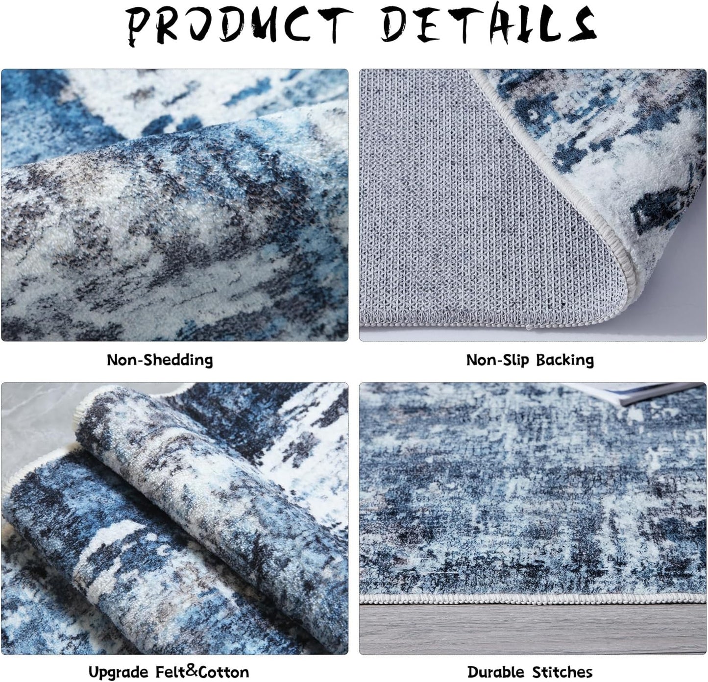 Runner Rug 2'6''x8' Hallway Washable Boho Soft Area Rug Abstract Pattern Non-Slip Faux Wool Vintage for Kitchen, Entryway, Laundry, Bedroom, Blue