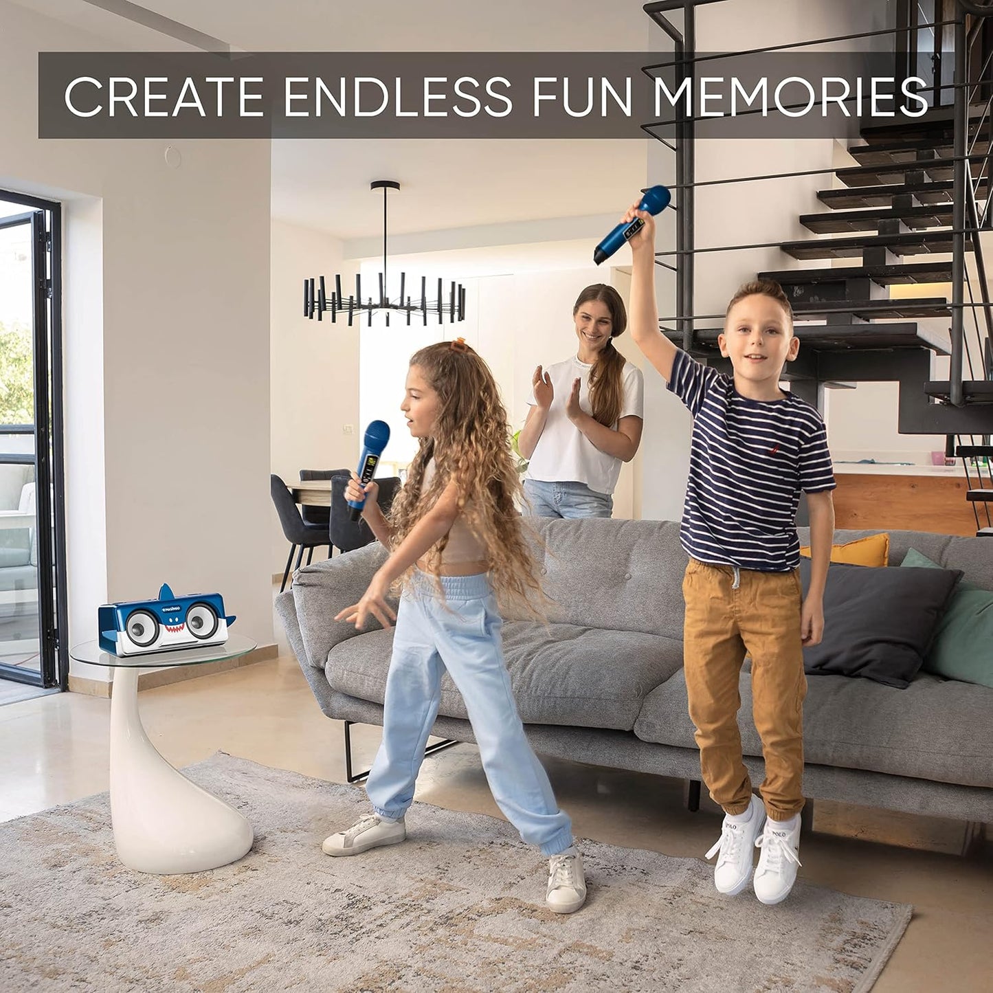 MASINGO Shark Karaoke Machine for Kids, Children and Toddlers with 2 Wireless Bluetooth Microphones, Portable PA Speaker Includes Lyrics Display Phone Holder, TV Cable and Singer Vocal Removal Mode