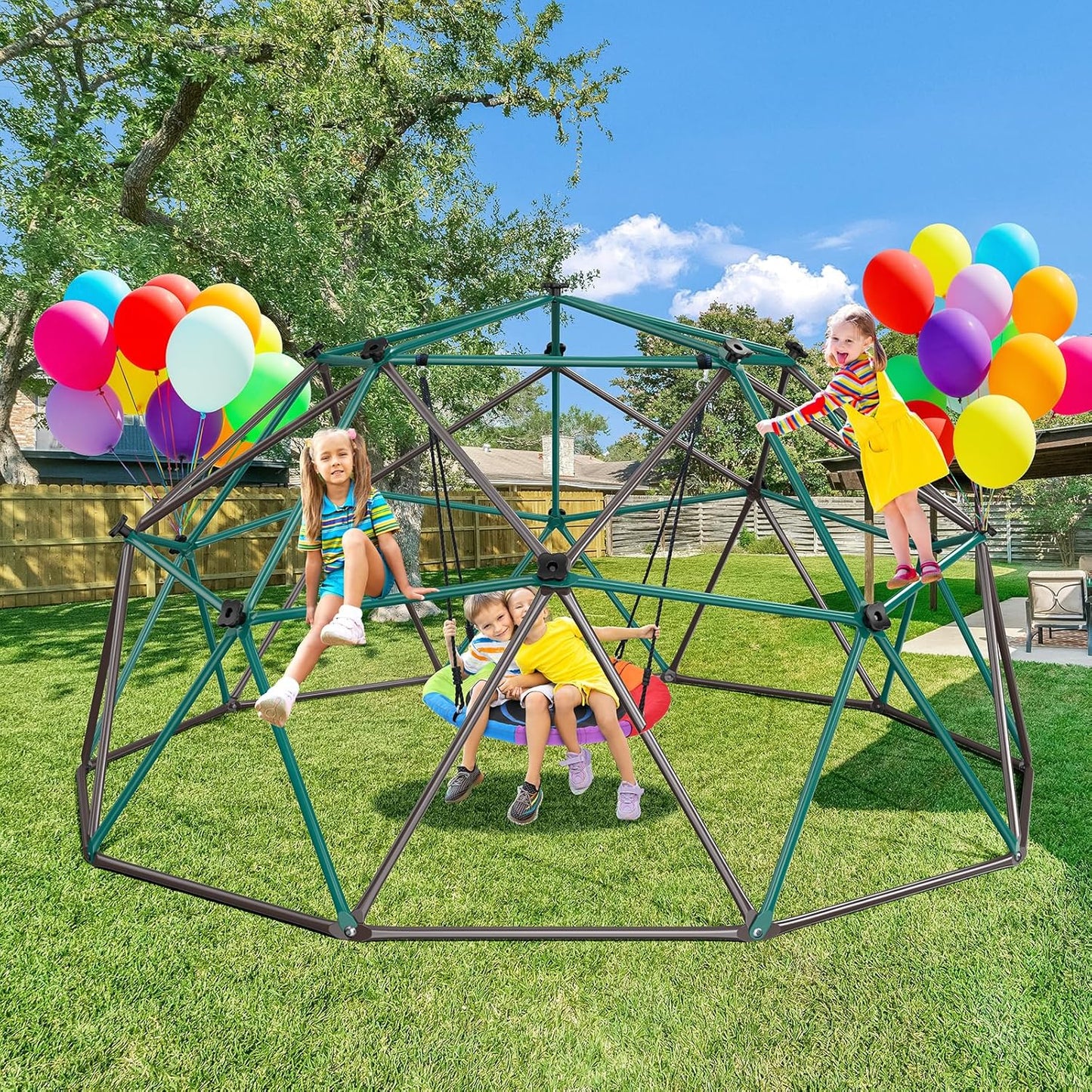 Hapfan 10 ft Climbing Dome Swing Set with Saucer Swing, Jungle Gym for Kids Outdoor Backyard, Supports 800lbs, Easy Asssembly, Rust-Resistant Outdoor Playset for Ages 3-8 8-12 (Green and Brown)