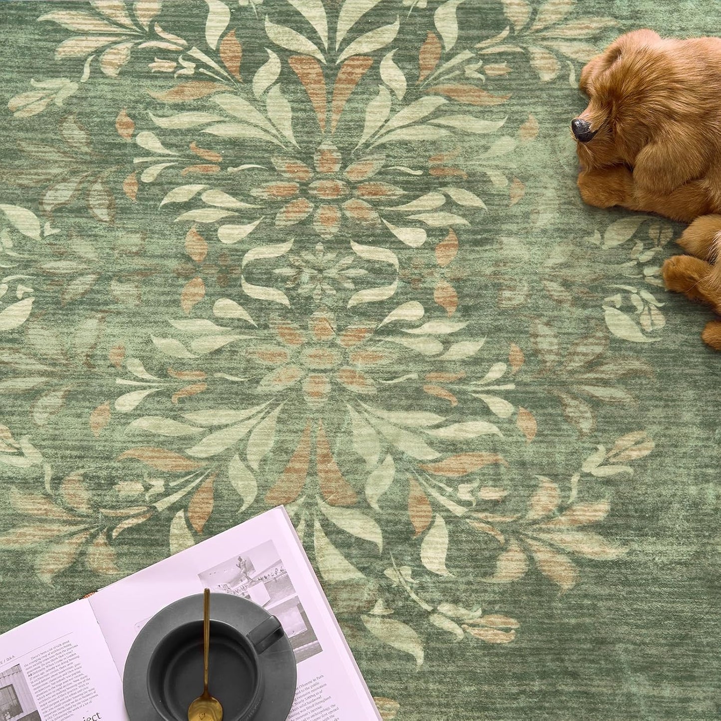 jinchan Round Rug 6ft Area Rugs Vintage Floral Distressed Design,Machine Washable Soft Non-Slip Low-Pile Ultra-Thin Circle Rug for Bedside Living Room Dining Room Bedroom (6' Round, Dark Green)