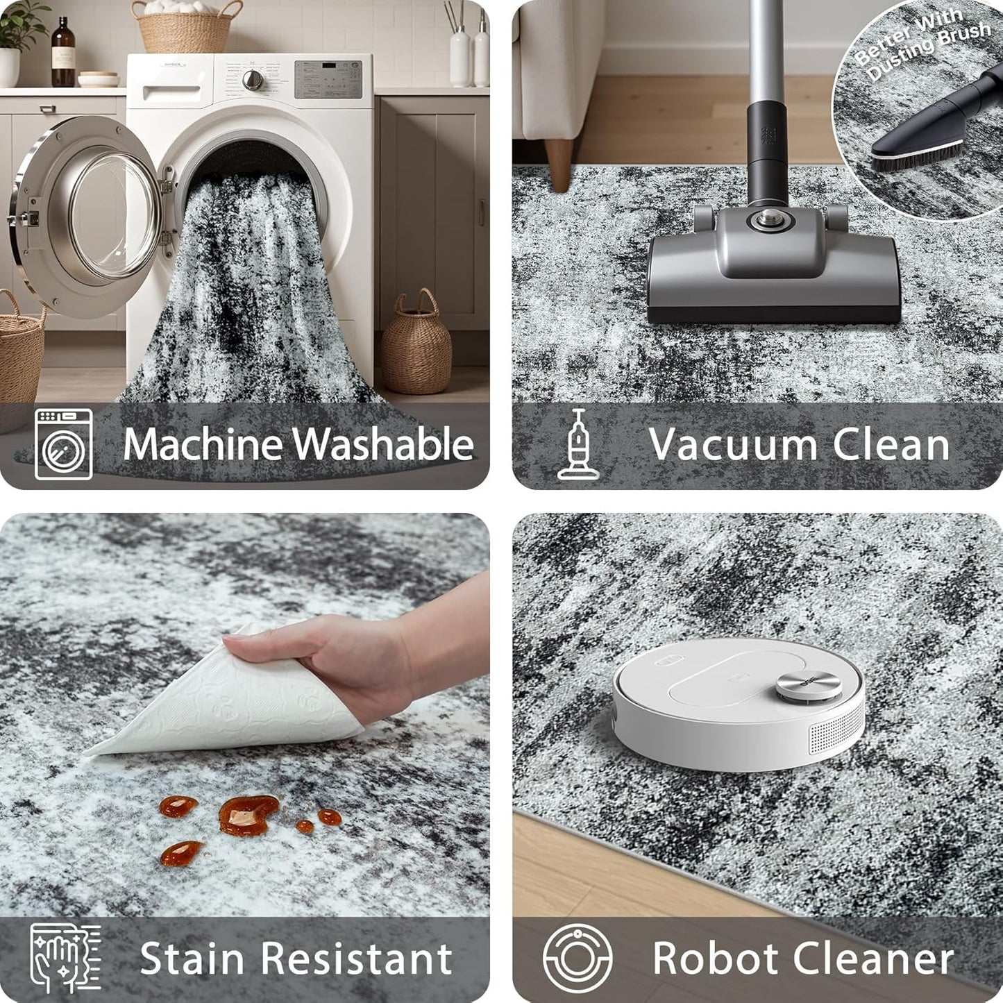 Area Rugs 8x10 Living Room Rugs: Modern Abstract Washable Rug with Non-Slip Backing, Stain Resistant Indoor Floor Large Carpet for Bedroom Dining Room Table Nursery Hallway Home Office Dark Black/Gray