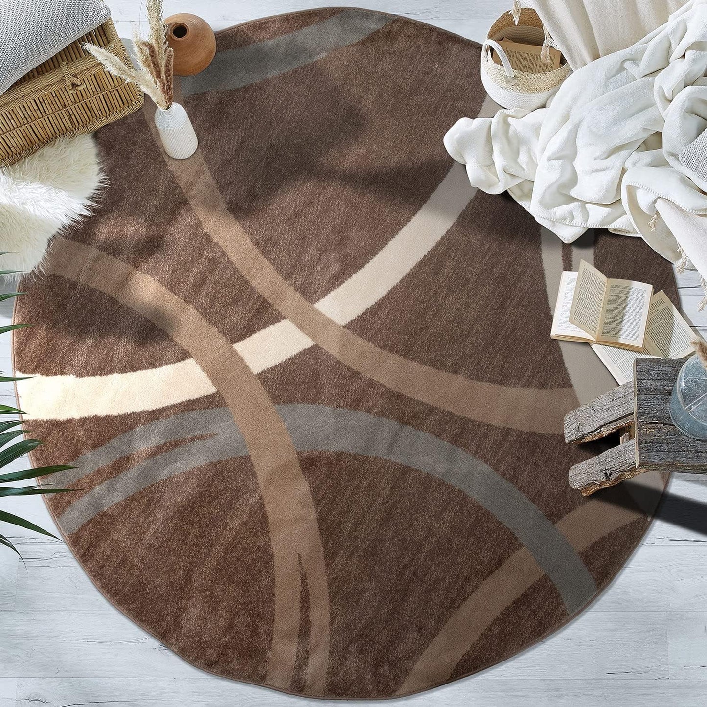 Rugshop Modern Wavy Circles Design 6' 6" (6' 6" Diameter) Brown