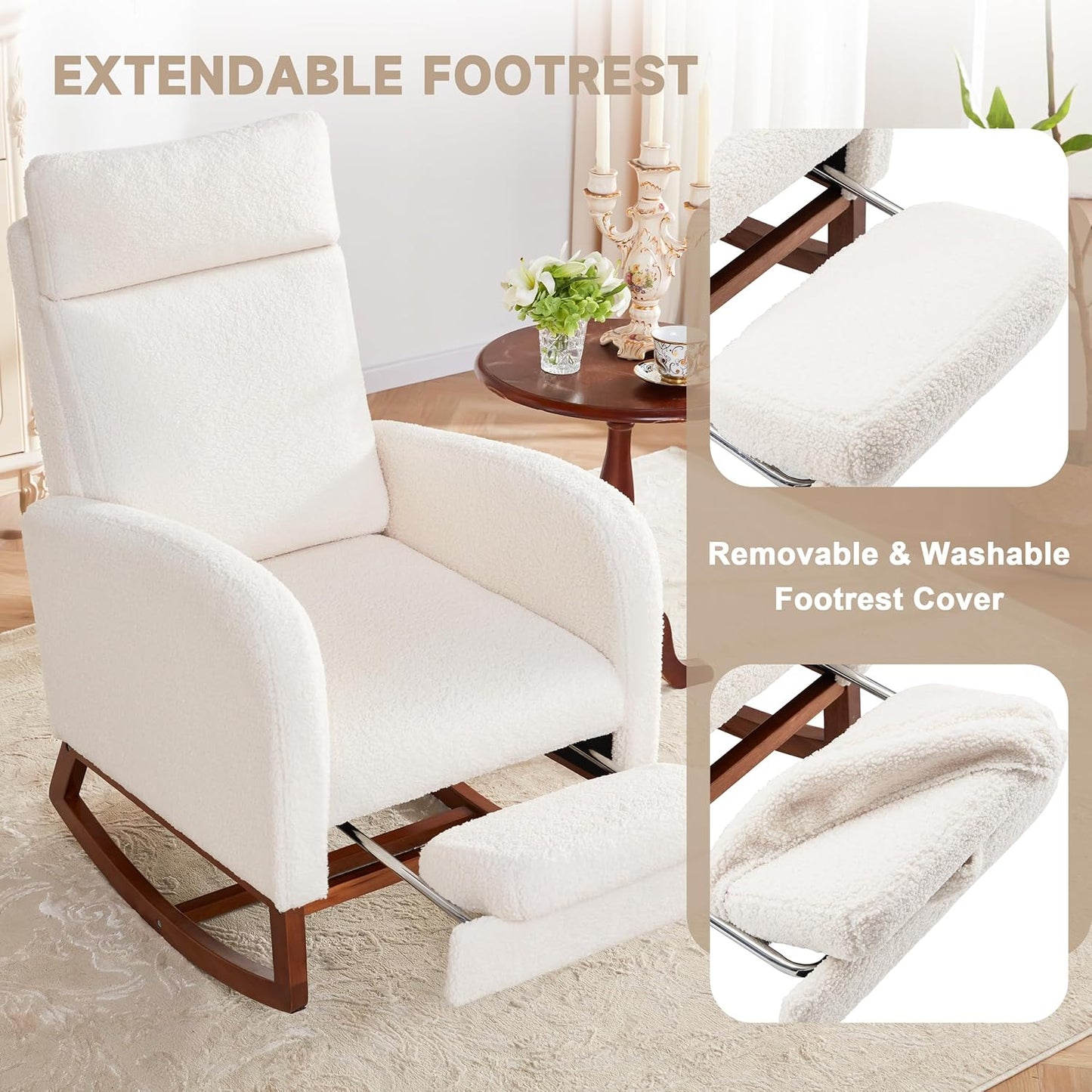 Nursery Rocking Chairs with Foot Rest, Rocking Chair Nursery Chair with High Back, Glider Rocking Chair, Baby Nursery Glider Rocker, Nursing Chair Accent Living Room (Teddy White)