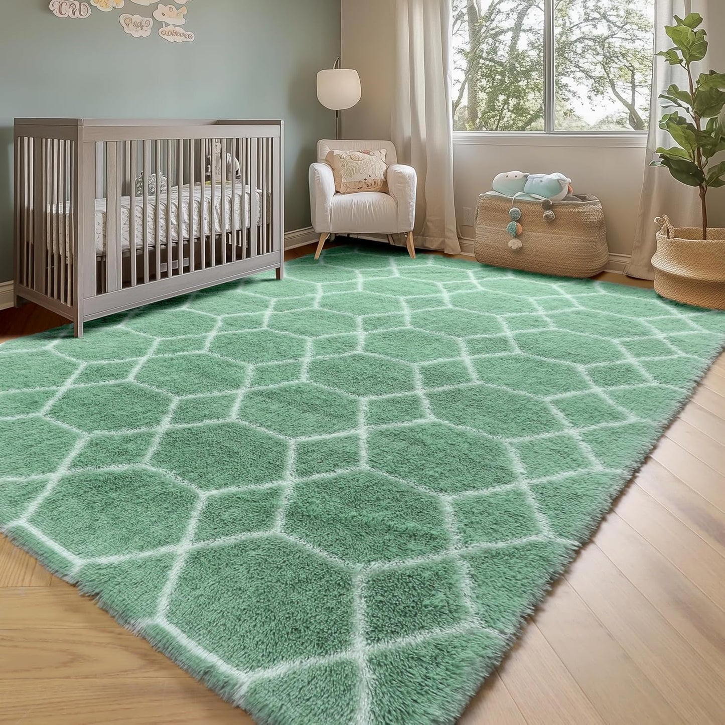 ONASAR Rugs for Living Room Bedroom, 5x8 Washable Fluffy Sage Green and White Area Rug, Geometric Boho Soft Plush Shaggy Floor Carpets for Nursery Kids Girls Boys Teen Dorm Home Decor Aesthetic