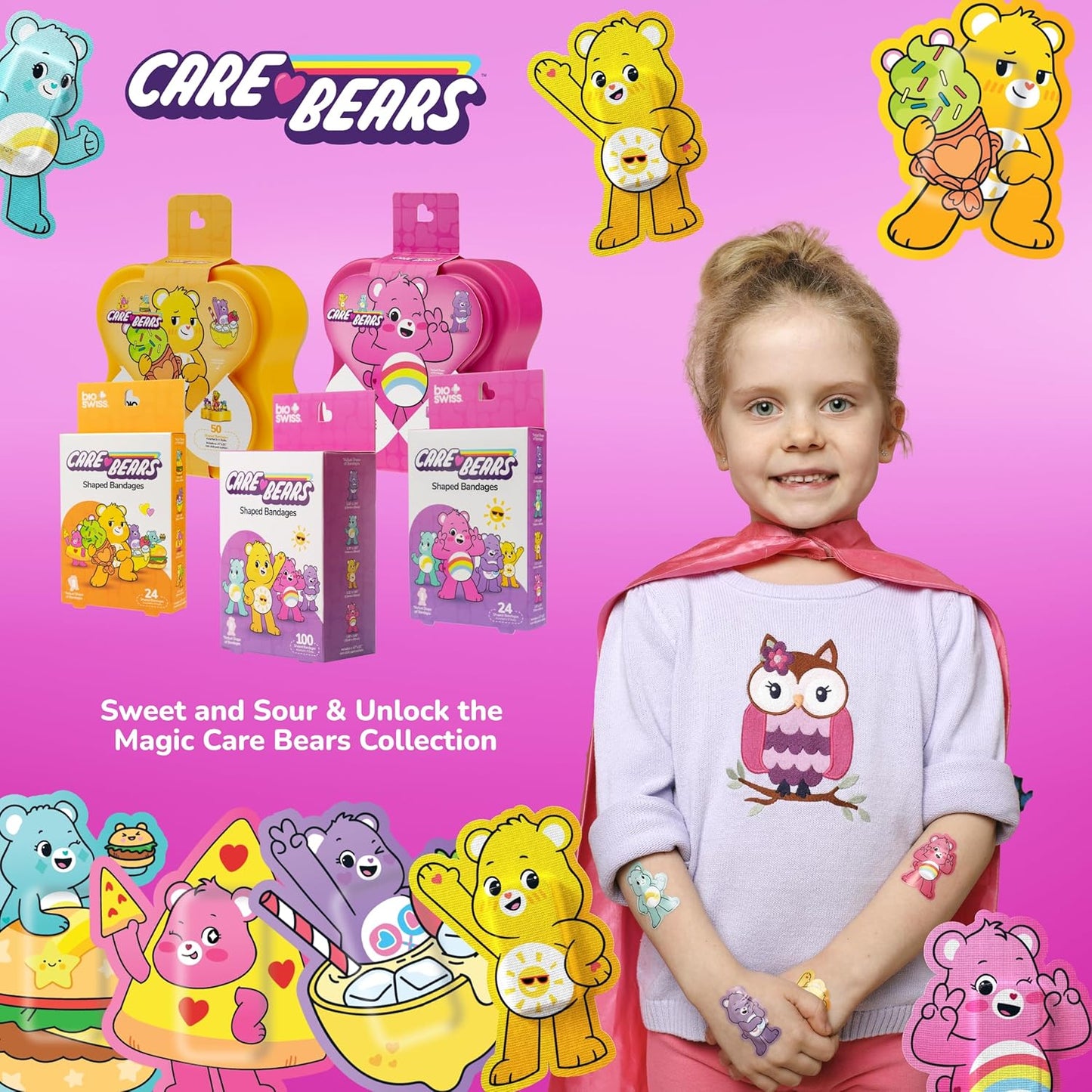 BioSwiss Care Bears Bandages, Unlock The Magic Care Bear Shaped Self Adhesive Bandage, Latex Free Sterile Wound Care, Fun First Aid Kit Supplies for Kids, 50 Count