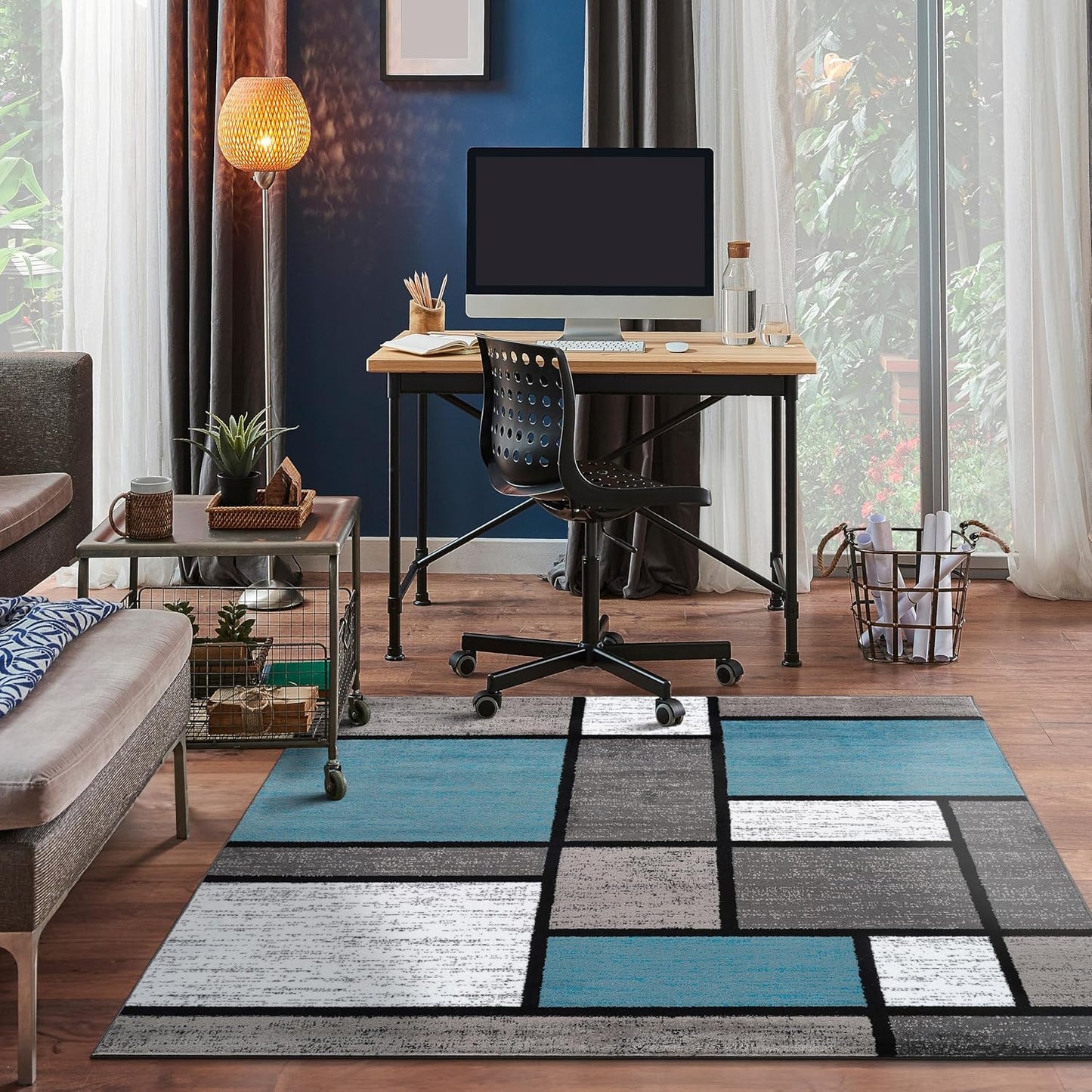 Rugshop Contemporary Modern Boxes for Home Office,Living Room,Bedroom,Kitchen Non Shedding Square Area Rug 6'6" x 6'6" Blue