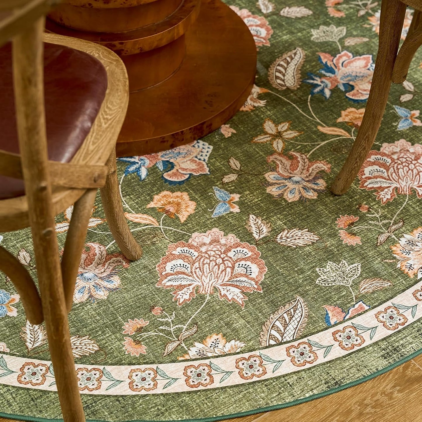 jinchan Floral Corner Rug for Entryway Washable Kitchen Rug Vintage Romance Design Non Slip Quarter Circle Lightweight Low-Pile Throw Carpet for Playroom Reading Nook Nursery, 4ft Radius, Green