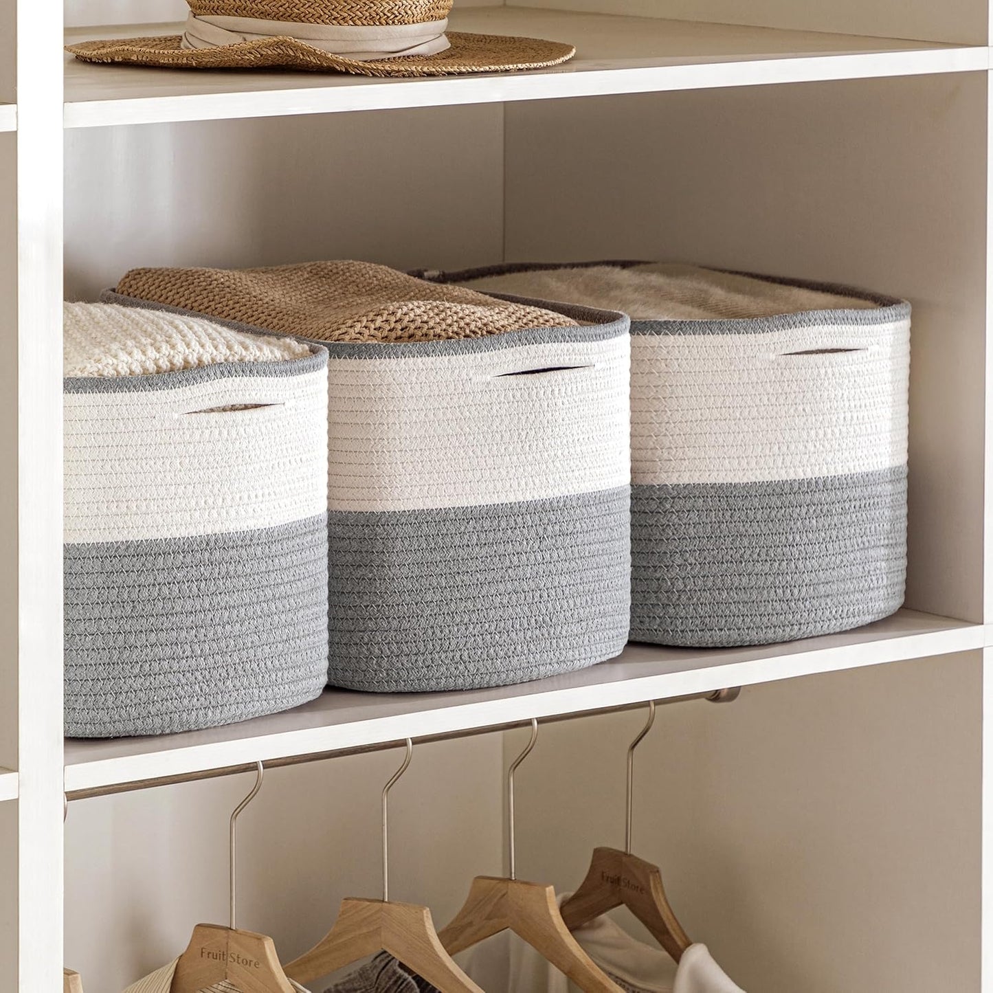 UBBCARE 4 Pack Baskets for rganizing, Woven Storage Baskets for Toys and Towel, Rectangle Cotton Rope Basket with Handles, 15''L x10''W x9''H, Grey