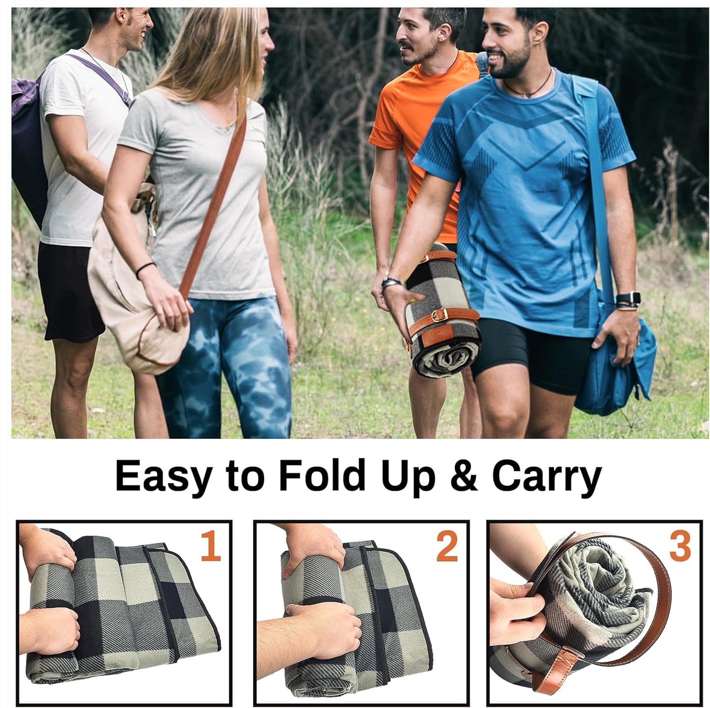 PortableAnd Picnic Blankets, 3 Layer Soft Fleece Blanket for Beach,Camping on Grass, Waterproof, Sandproof, Best Gift for Couple & Families, Black and Gray Checkered