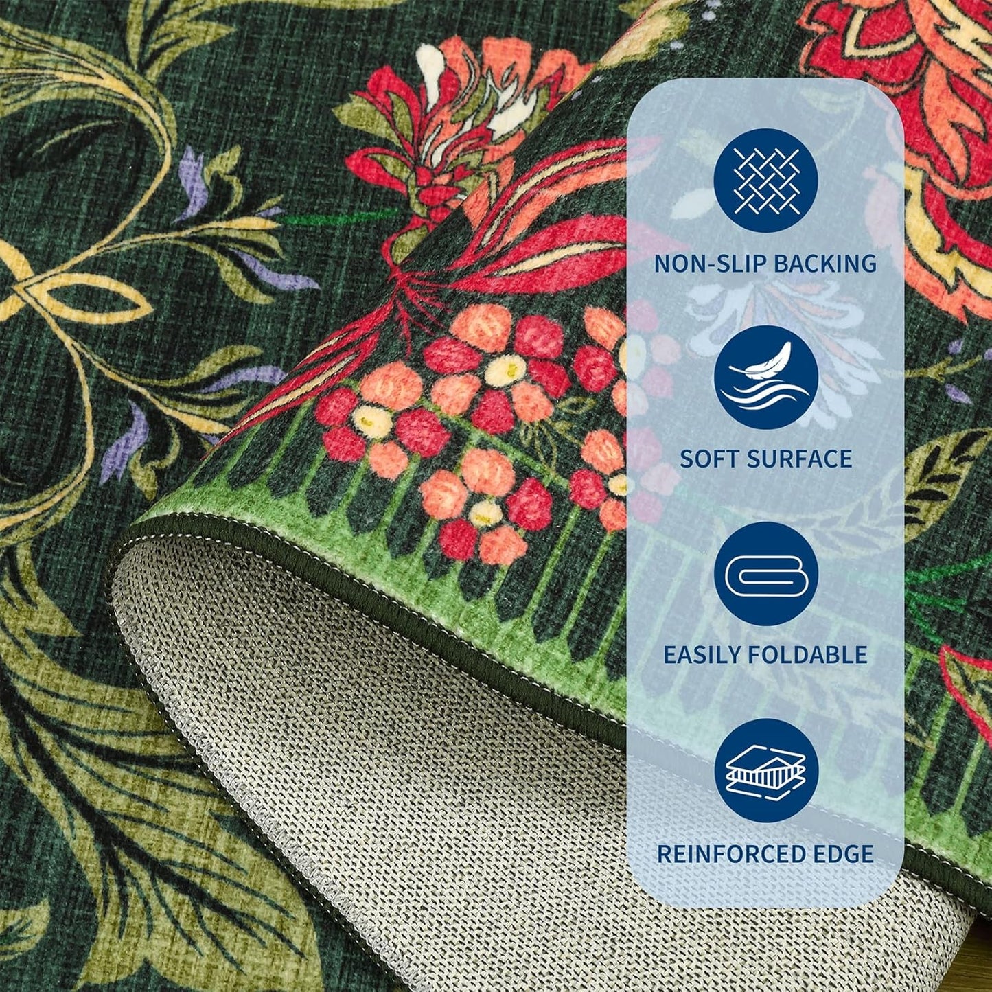 GarveeHome Forest Green Floral Botanical 2x6 Washable Kitchen Runner Rugs Non Slip Vintage Boho Cottage Long Rug for Hallways Bedroom Entryway Bathroom Mat with Rubber Back