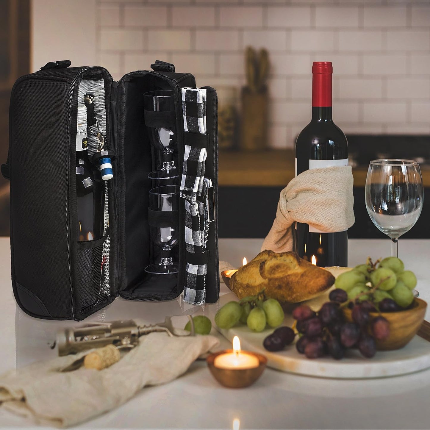 ALLCAMP Wine Bag - Insulated Cooler Bag with Wine Glasses, Bottle Opener & Wine Accessories for Wine Lovers - Portable Wine Gift Bag for Travel, Picnics, and Gift Ideas(Black)