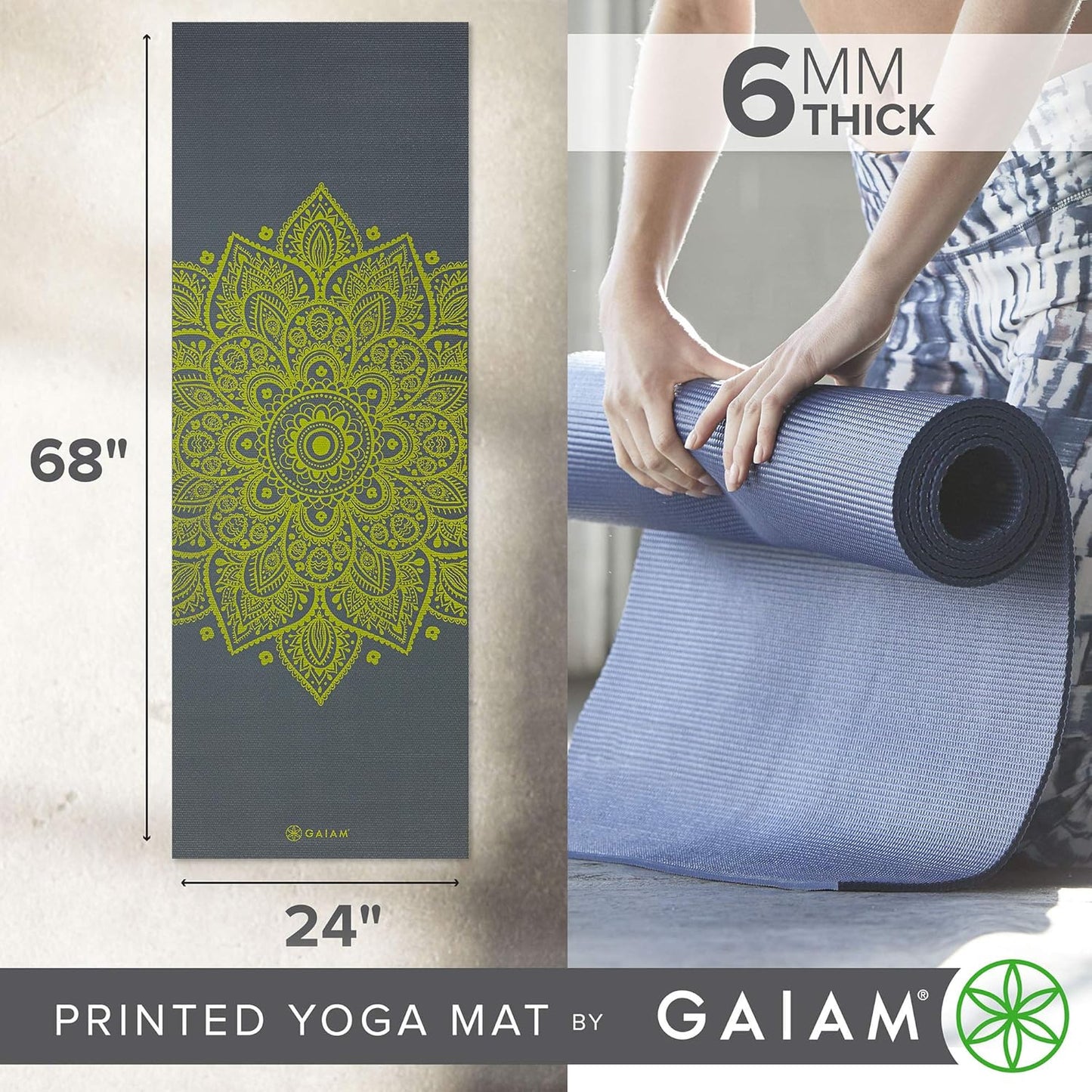 Gaiam Yoga Mat - Premium 6mm Print Extra Thick Non Slip Exercise & Fitness Mat for All Types of Yoga, Pilates & Floor Workouts (68"L x 24"W x 6mm Thick)