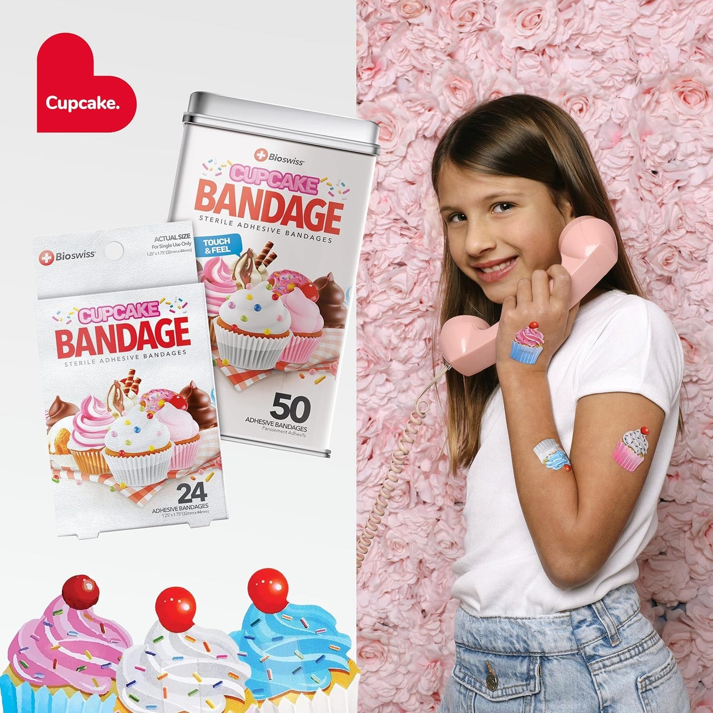BioSwiss Bandages, Cupcake Shaped Self Adhesive Bandage, Latex Free Sterile Wound Care, Fun First Aid Kit Supplies for Kids, 50 Count