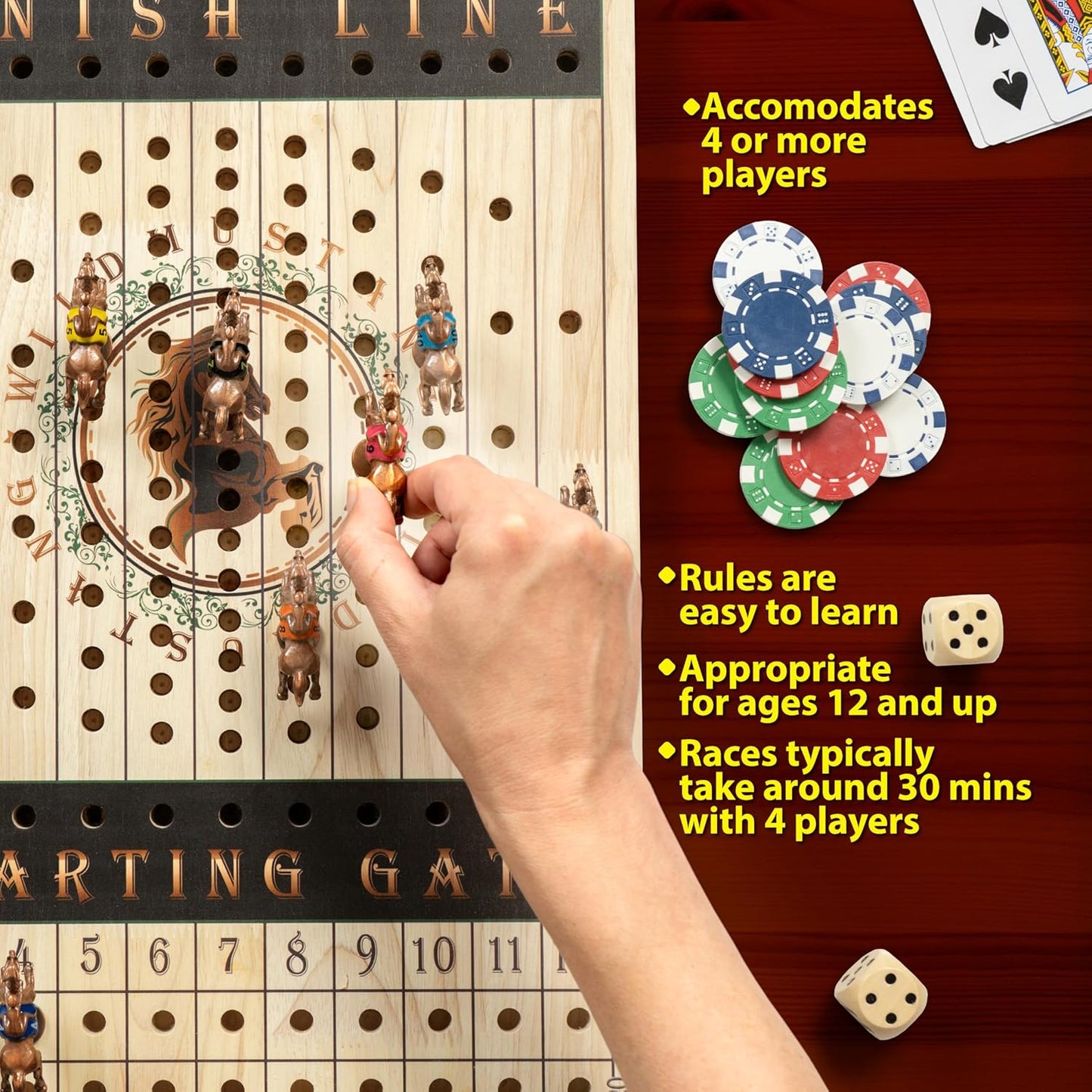 New Metal Horses Horse Race Board Game with 11 Metal Horses, 2 dice and 2 Boxes of Cards, Thick Luxurious Chessboard Wood, Horse Racing, Adult Game for Parties, Family Night