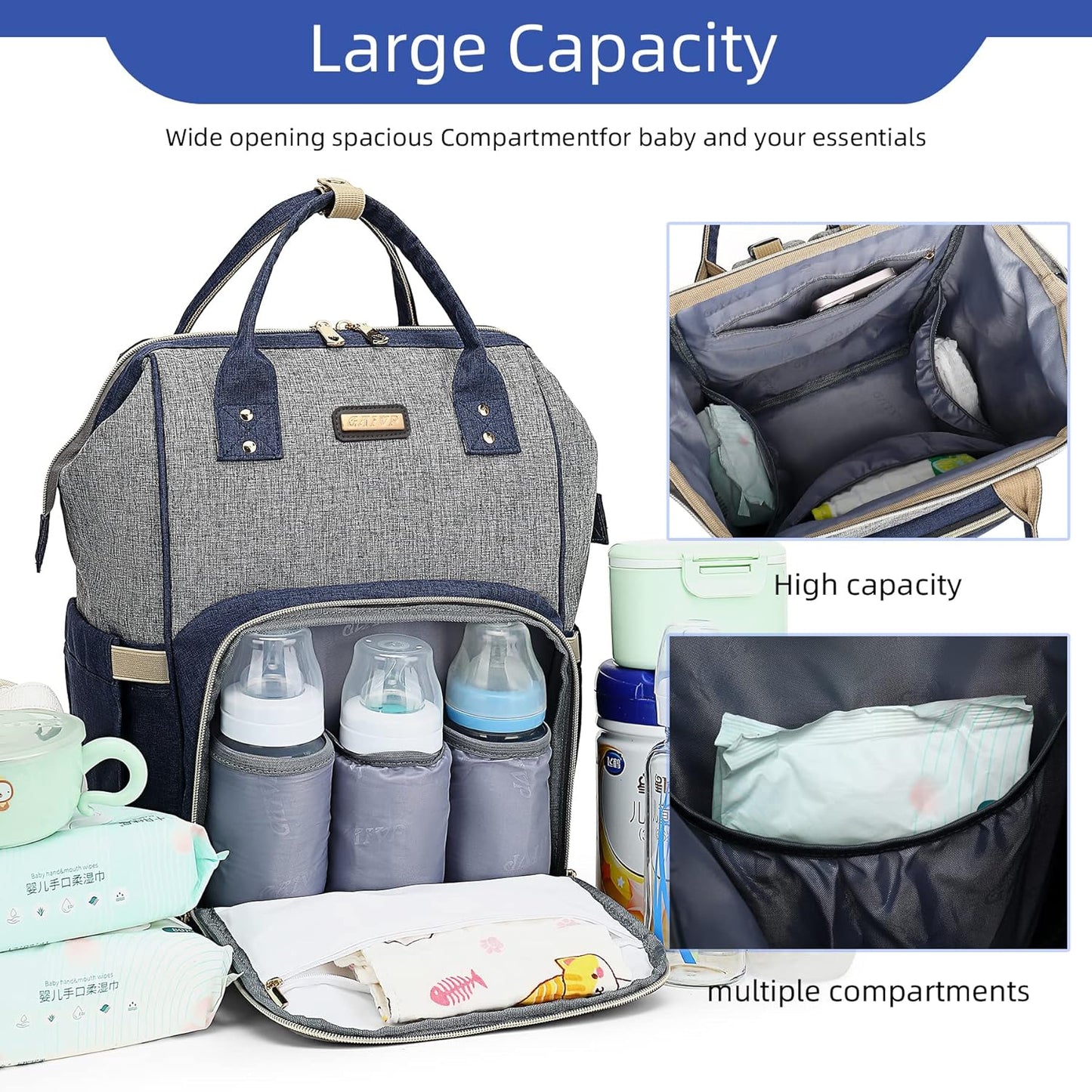 Diaper Bag Backpack, Diaper Bags for Baby Girls Boys, Baby Bags for Moms Dads, Nappy Changing Bag with Insulated Pockets,Multi-functional Waterproof Backpack with Stroller straps- Light Grey Blue