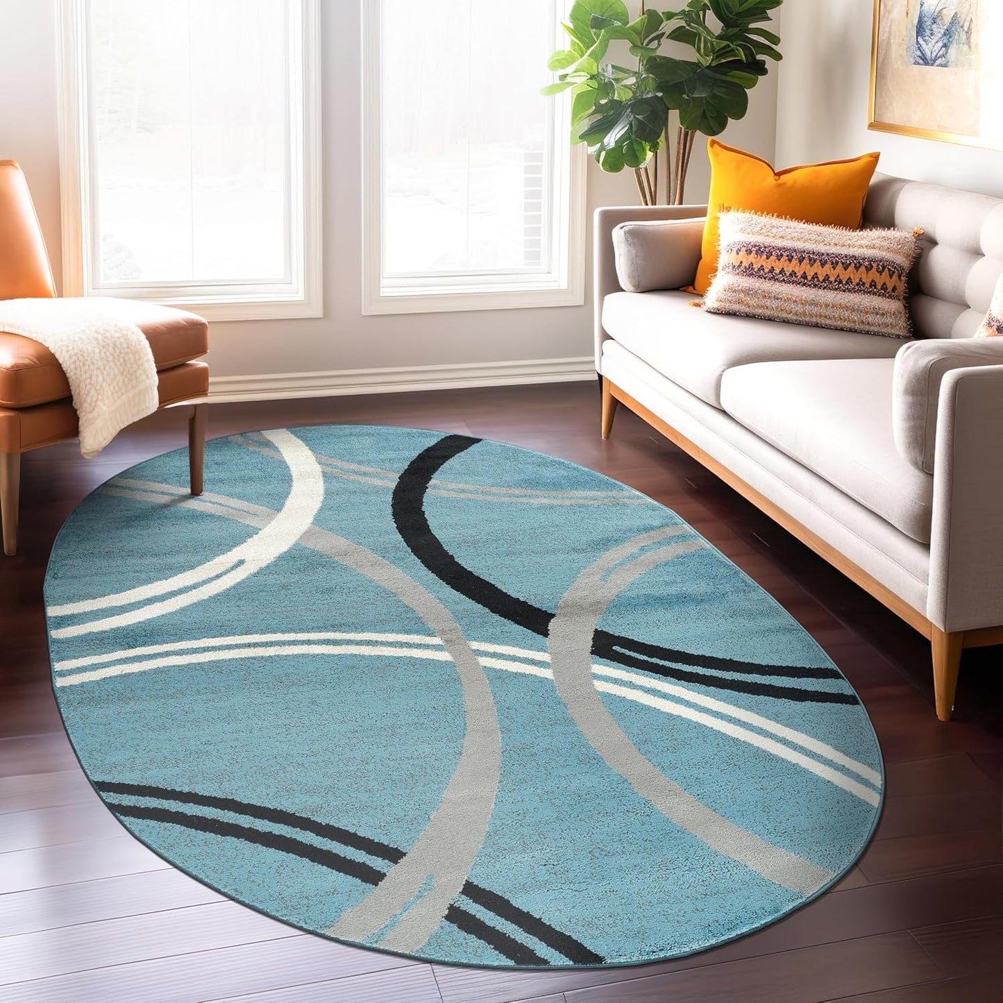 Rugshop Modern Wavy Circles Design Oval Area Rug 5' x 7' Blue