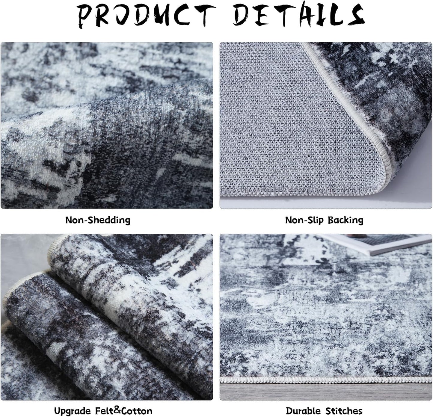 3x5 Rug Washable Boho Rug Soft Area Rug Abstract Pattern Non-Slip Non-Shedding Faux Wool Vintage Rug for Bedside, Bedroom Rug, Kitchen, Floor, Indoor, Laundry, Grey and Black