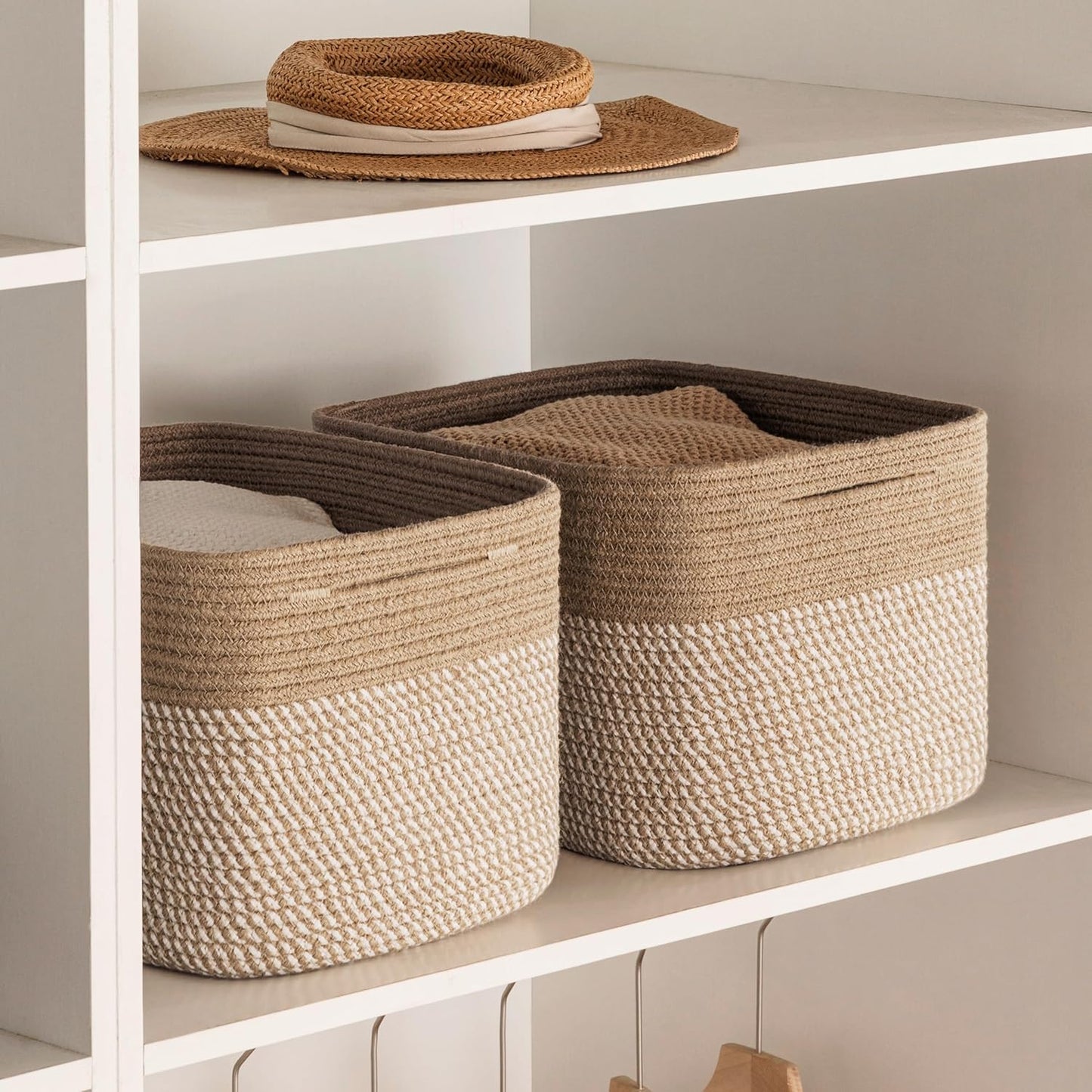 UBBCARE 4 Pack Baskets for Organizing, Woven Storage Baskets for Toys and Towel, Rectangle Cotton Rope Basket with Handles, 15''L x10''W x9''H, Mixed Brown