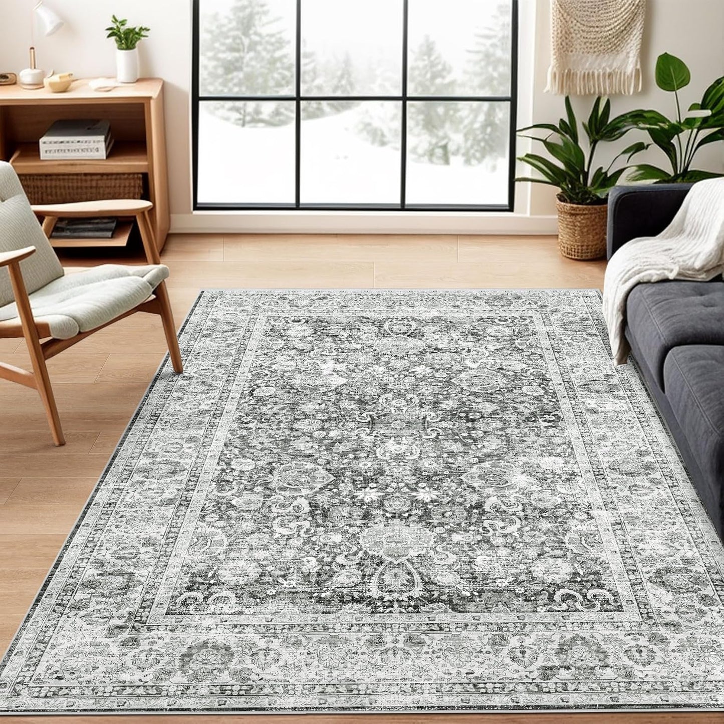 Grey 5x8 Area Rugs for Living Room Machine Washable Rugs Boho 5x8 Rug for Living Room Carpet Non-Slip Family & Pet Friendly Area Rugs Print Floor Rug(Vintage 5x8ft)