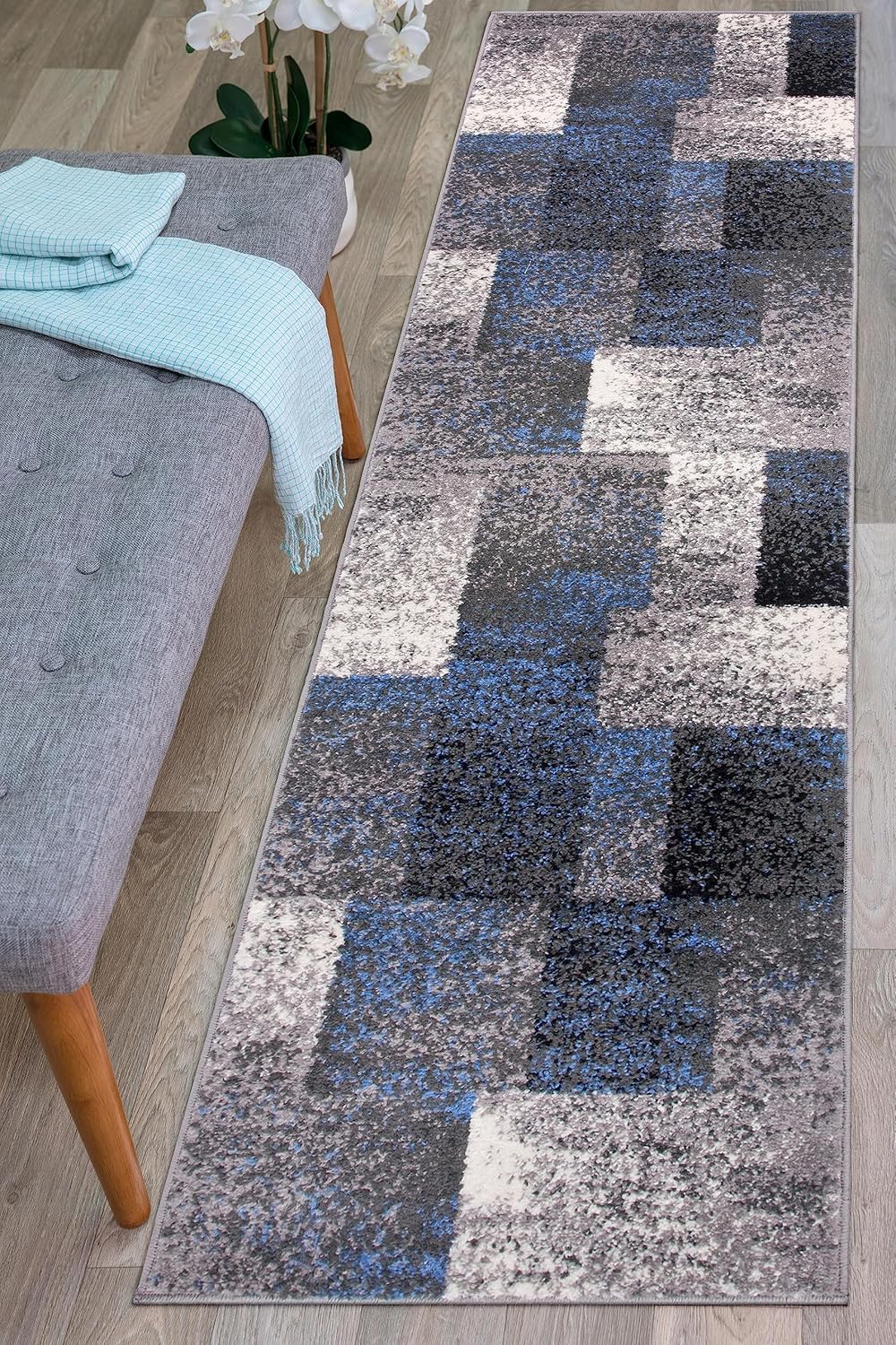 Rugshop Modern Distressed Boxes Runner Rug 2' x 7' Blue