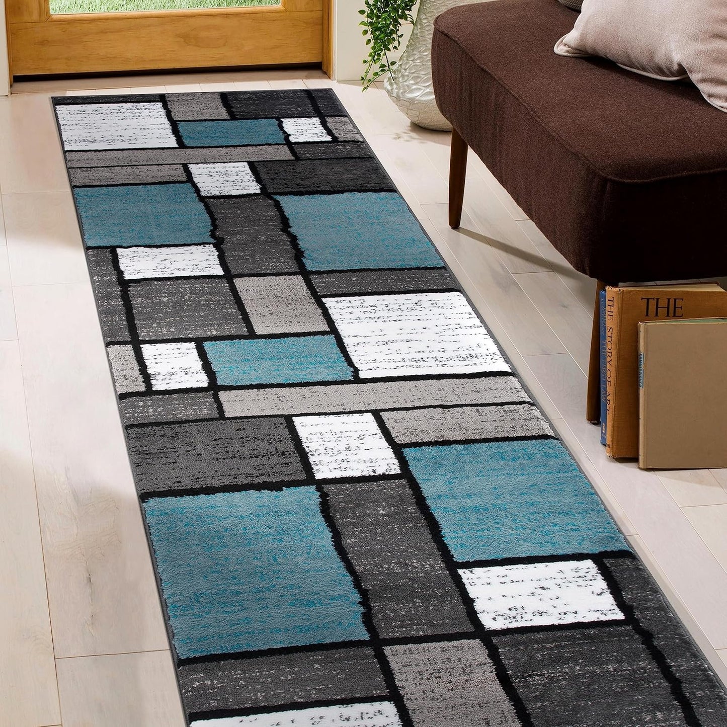 Rugshop Contemporary Modern Boxes for Home Office,Living Room,Bedroom,Kitchen Non Shedding Runner Rug 2' x 10' Blue/Gray