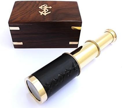 Smizzy 6" Handheld Brass Telescope with Wooden Box| Monocular Spyglass for Kids/Childs - Maritime Pirate Navigation