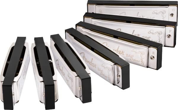 Fender Blues Deluxe Harmonica Pack of 7 Bundle with Carrying Case, Austin Bazaar Beginner Manual, and Polishing Cloth - Keys A, Bb, C, D, E, F, and G