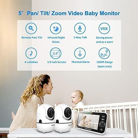 HelloBaby Upgrade 5’’ Baby Monitor with 30-Hour Battery, 2 Cameras Pan-Tilt-Zoom, 1000ft Range Video Audio Baby Monitor No WiFi, VOX, Night Vision, 2-Way Talk, 8 Lullabies and Temperature