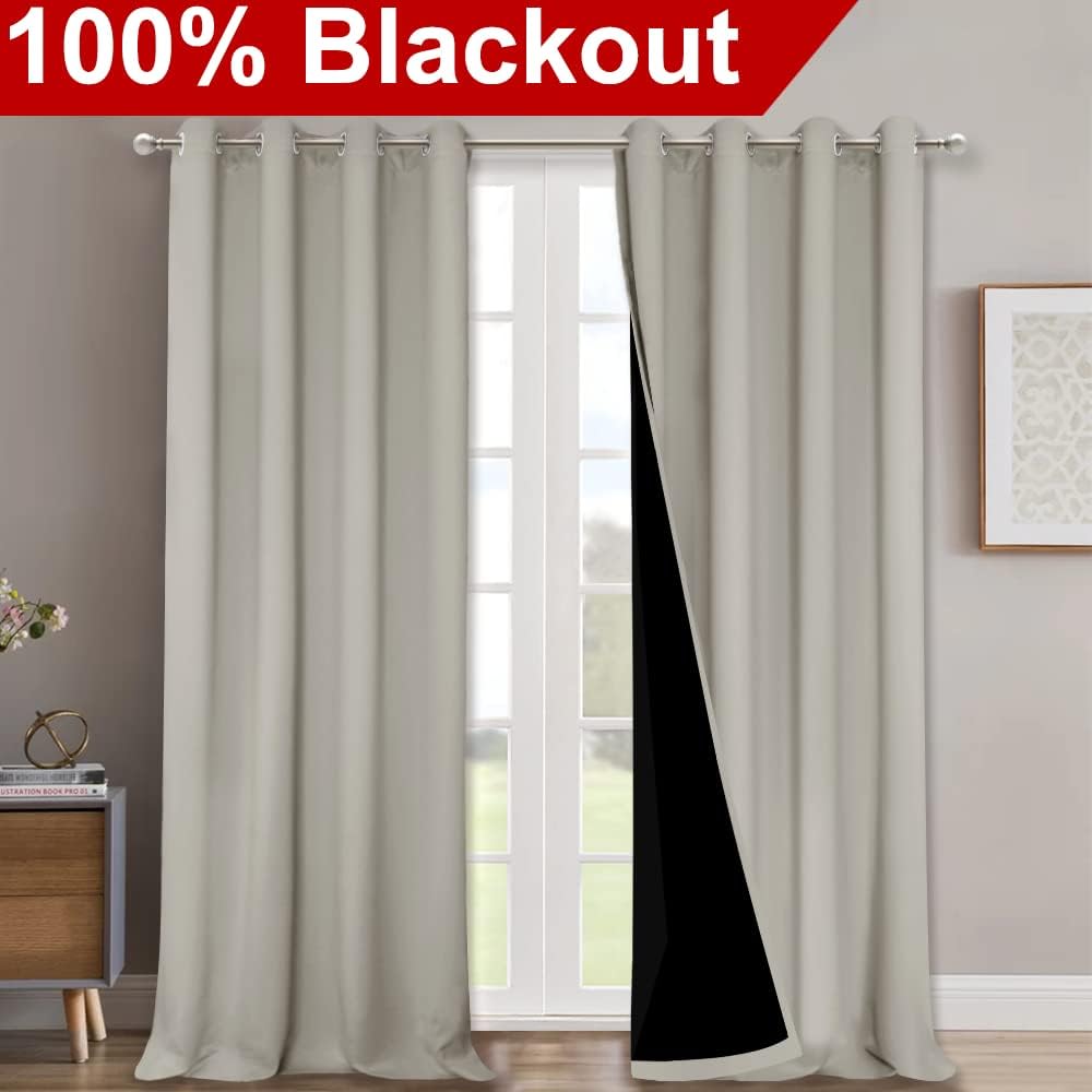 NICETOWN Full Shading Curtains for Windows, Super Heavy-Duty Black Lined Blackout Curtains for Bedroom, Privacy Assured Window Treatment (Natural, Pack of 2, 52 inches W x 95 inches L)