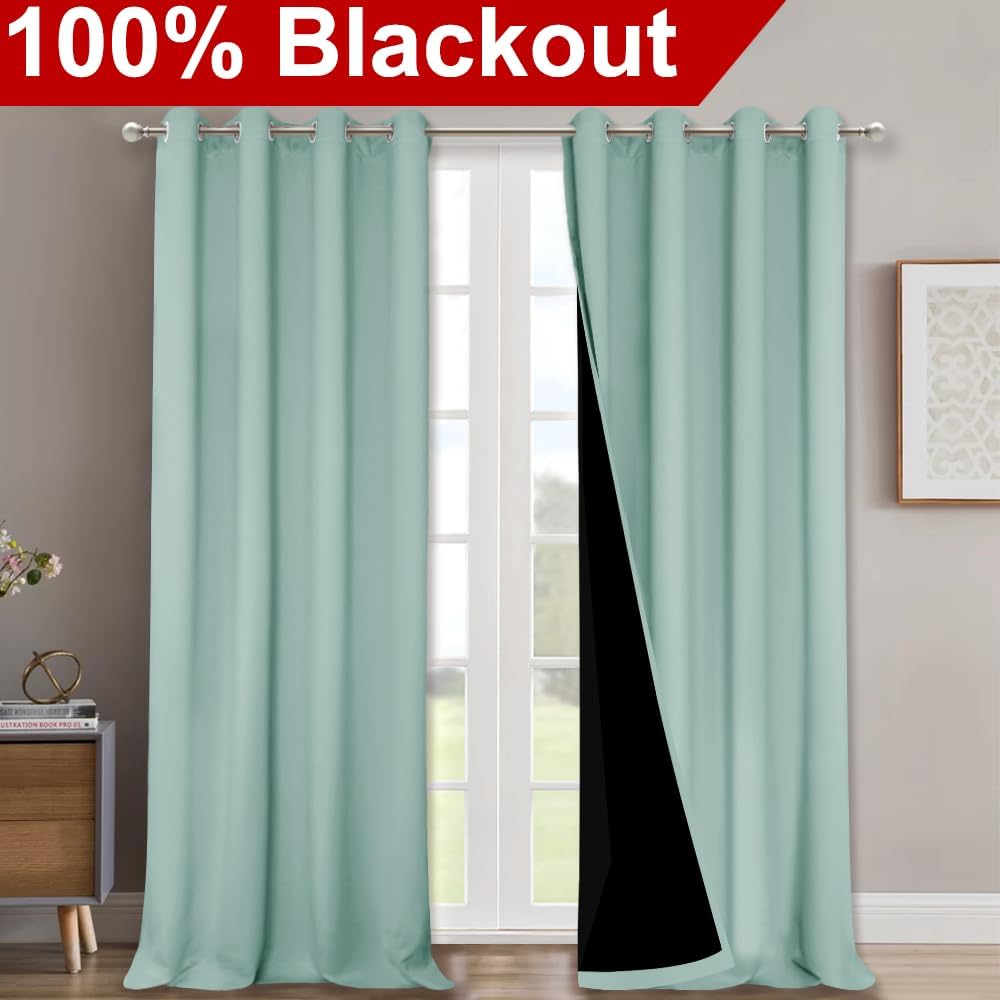NICETOWN 100% Blackout Blinds, Set of 2, 46" x 102", Aqua Blue, Laundry Room Decor Window Treatment Curtains for Large Patio Sliding Door, Thermal Insulated Curtains for Bedroom