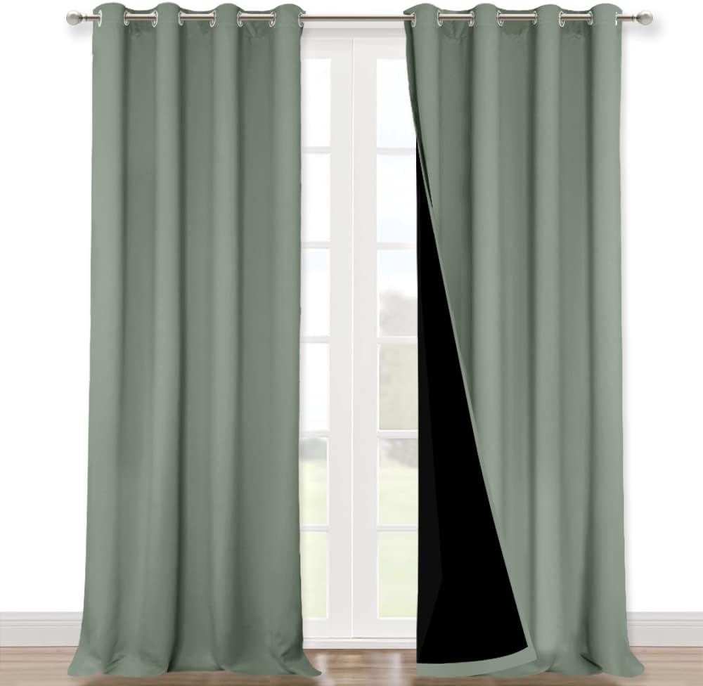 NICETOWN 100% Blackout Blinds, Set of 2, 46" x 96", Greyish Green, Laundry Room Decor Window Treatment Curtains for Large Patio Sliding Door, Thermal Insulated Curtains for Bedroom