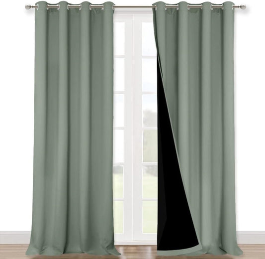 NICETOWN Greyish Green 100% Blackout Windows Curtains, Super Heavy-Duty Black Lined Total Darkness Drapes for Bedroom, Privacy Assured Window Treatment for Patio (2 PCs, 52 inches W x 108 inches L)