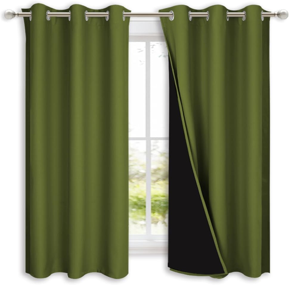 NICETOWN 100% Blackout Lined Curtains, Olive Green, 1 Pair, 42" Width x 63" Length Each Panel, 2 Thick Layers Completely Blackout Window Treatment Panels Thermal Insulated Drapes for Kitchen