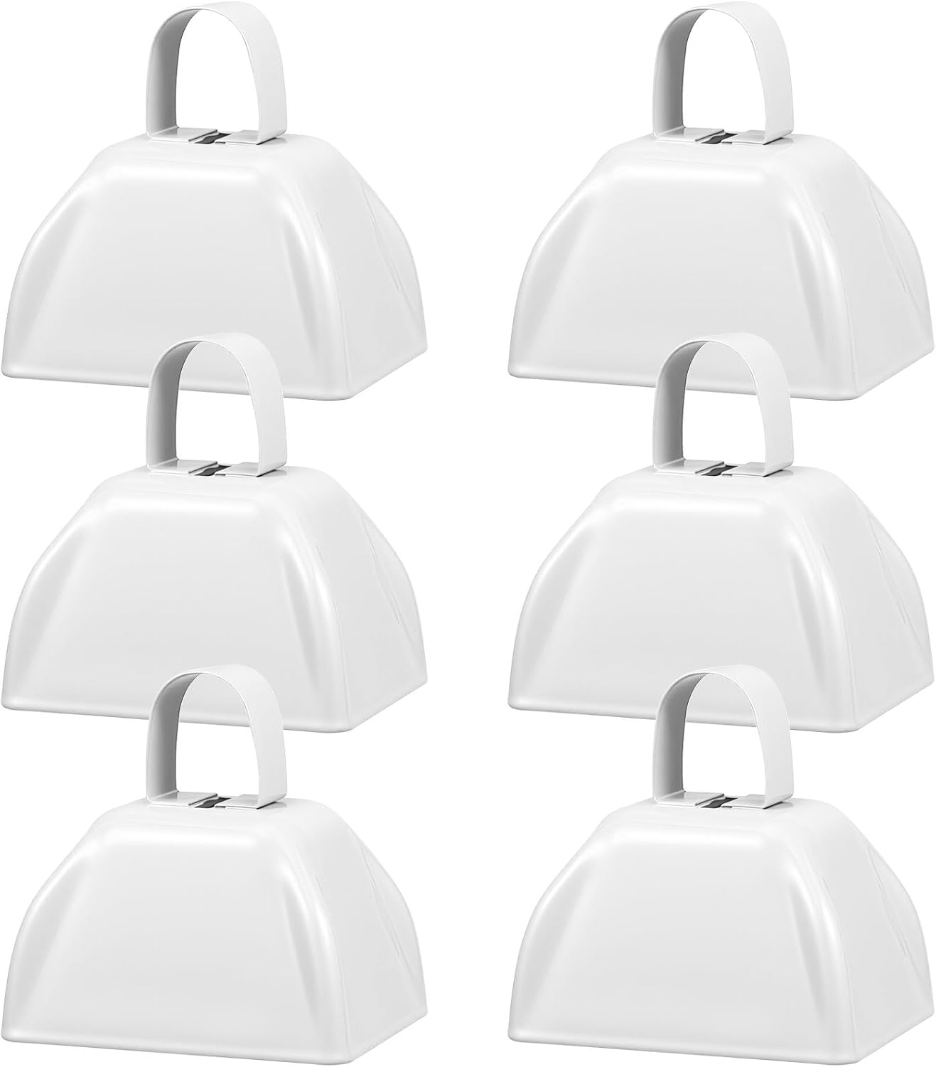 6 Pcs 3 Inch Metal Cowbells Noise Maker Hand Percussion Cow Bells with Handles for Sporting Events Cheering Noisemakers Weddings Team Spirit Sports Party Favors (White)