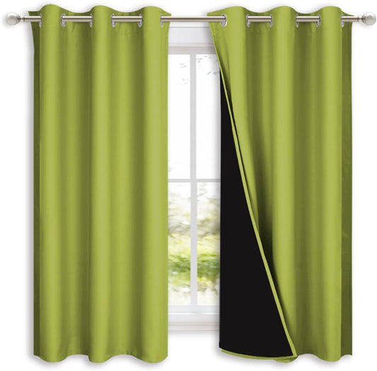 NICETOWN 100% Blackout Short Curtains with Black Liners, 2 Panels, 37" W by 63" L, Fresh Green, Solid Thermal Insulated Full Blackout 2-Layer Lined Drapes, Energy Efficiency Window Drapes for Bedroom