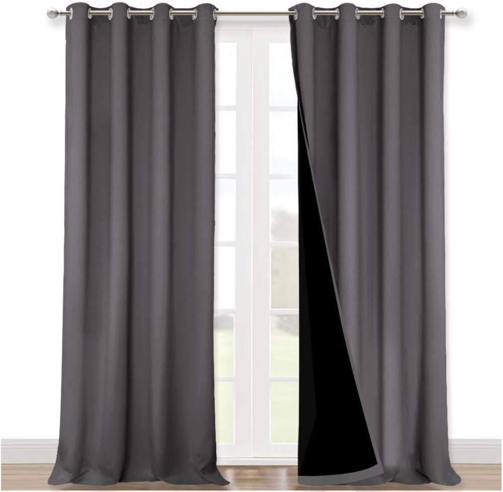 NICETOWN Full Shading Curtains 90 inches Long 2 Panels Set for Windows, Super Heavy-Duty Black Lined Blackout Curtains for Bedroom, Privacy Assured Window Treatment (Grey, Pack of 2, 52 inches W)