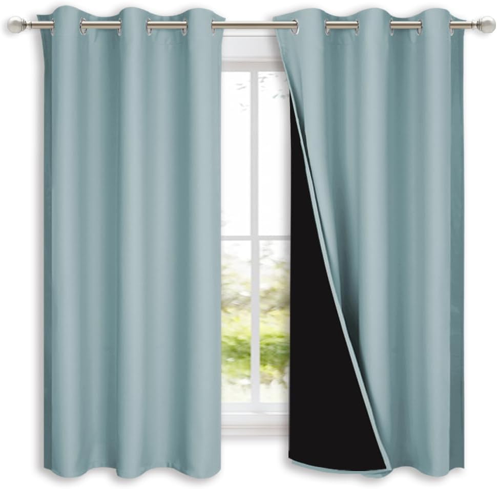 NICETOWN 100% Blackout Short Curtains with Black Liners, Sky Blue, 2 Panels, 37" W by 63" L, Solid Thermal Insulated Full Blackout 2-Layer Lined Drapes, Energy Efficiency Window Draperies for Bedroom