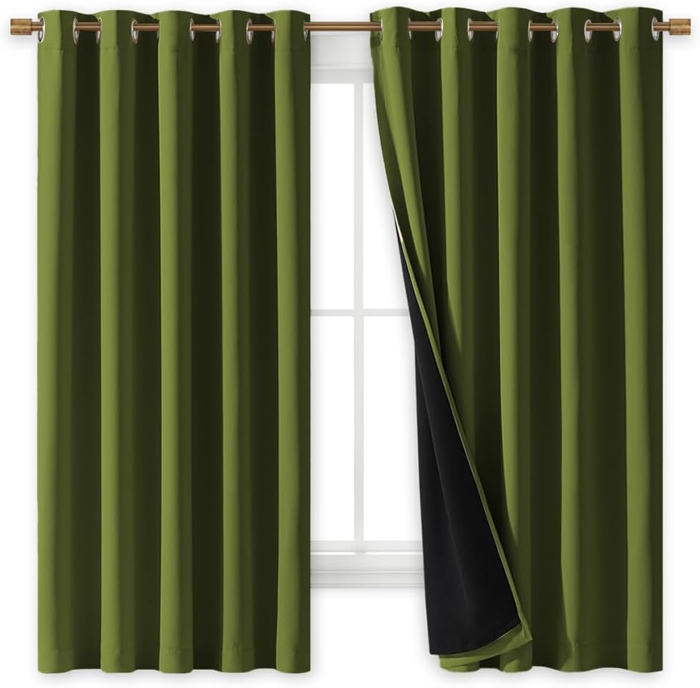 NICETOWN 100% Blackout Lined Curtains, Olive Green, 1 Pair, 62" Width x 63" Length Each Panel, 2 Thick Layers Completely Blackout Window Treatment Thermal Insulated Drapes for Kitchen/Bedroom