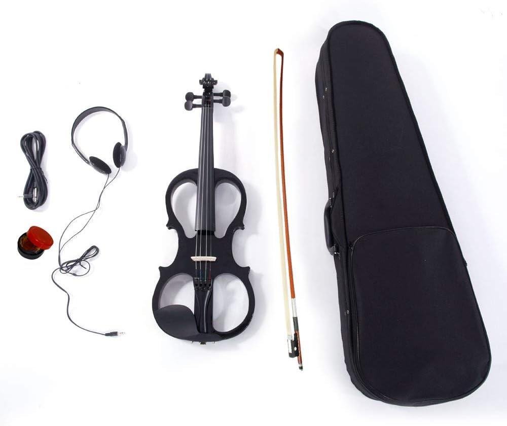 Electric Violin 4/4 Kit, Electric Violin 4/4 Full Size for Adults, Students,Beginner Violin Set with Case, Bow, Rosin, and Headphones,Black Violin