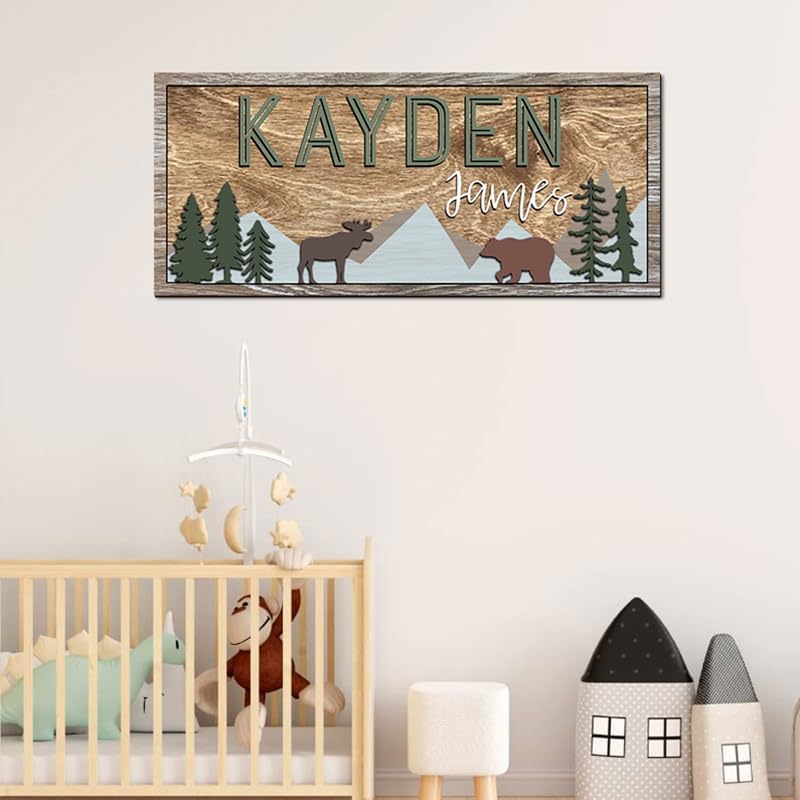 Personalized Wooden baby name sign for nursery, Woodland theme nursery, Animal for kids room decor, Custom name sign for boys, Door hanging gift/2