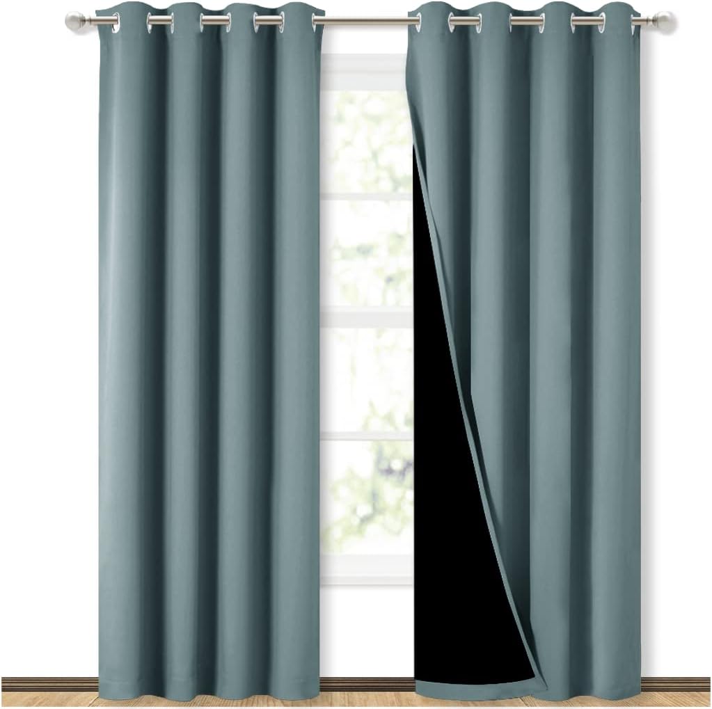 NICETOWN 100% Blackout Curtains 84 inches Long, Pair of Energy Smart & Noise Blocking Out Drapes for Baby Room Window, Thermal Insulated Guest Room Lined Window Dressing(Greyish Blue, 52 inches Wide)