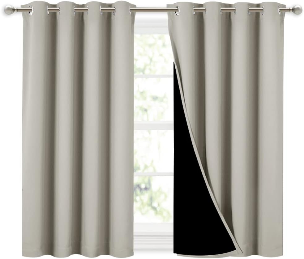 NICETOWN Natural 100% Blackout Curtains 45 inches Long, 2 Thick Layers Completely Blackout Window Treatment Thermal Insulated Lined Drapes for Small Window (1 Pair, 52 inches Width Each Panel)